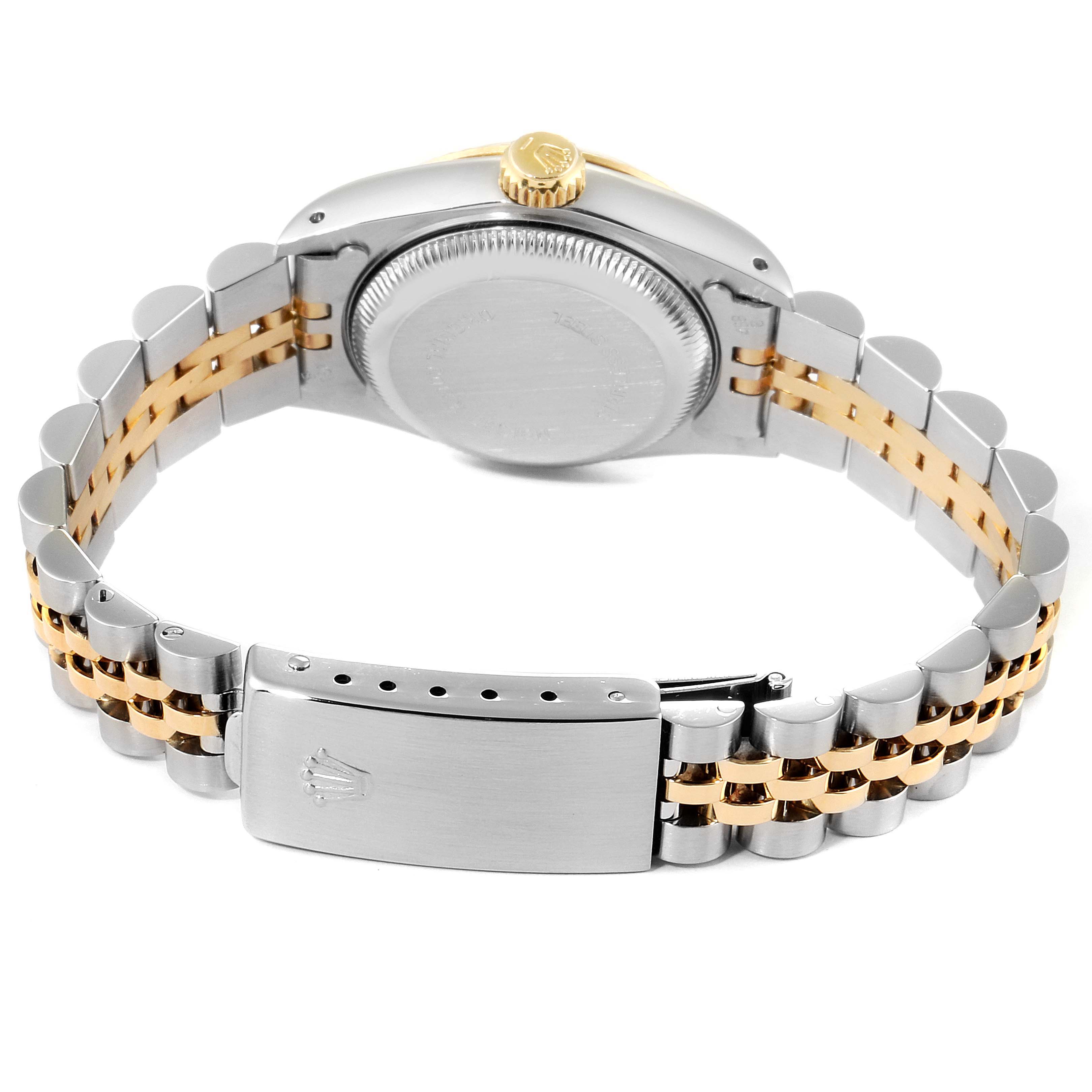 This image of a Rolex Datejust 69173 Women's Steel and Gold (two tone) Champagne Dial 69173 Women's Steel and Gold (two tone) Champagne Dial watch shows the back case, side crown, and two-tone bracelet with a clasp.