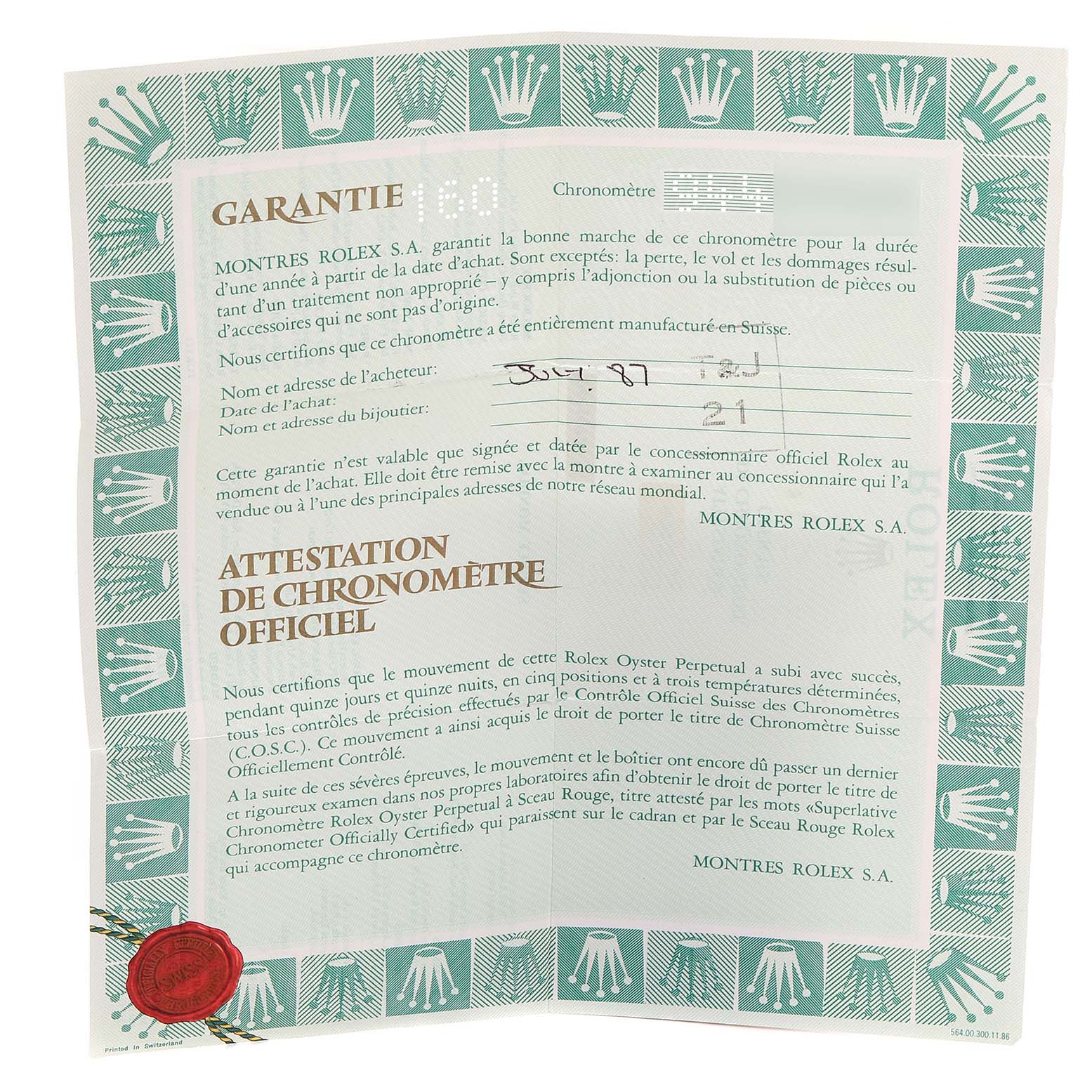 This is the official chronometer certification and warranty card for a Rolex Datejust 69173 Women's Steel and Gold (two tone) Champagne Dial 69173 Women's Steel and Gold (two tone) Champagne Dial model.