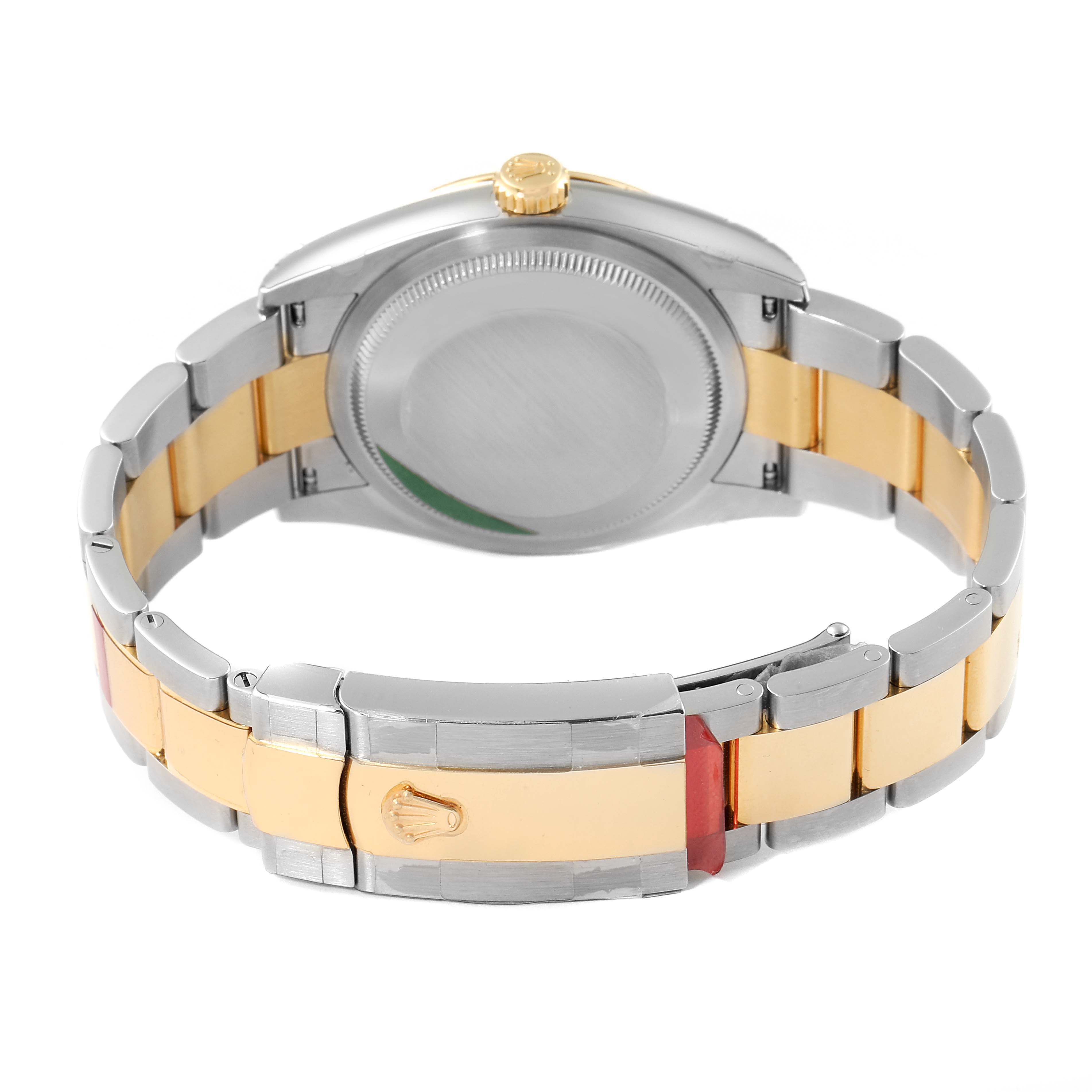 The image shows the back view of a Rolex Datejust 126233 Men's Steel and Gold (two tone) Champagne Dial 126233 Men's Steel and Gold (two tone) Champagne Dial watch, highlighting the case back and two-tone bracelet with the clasp open.