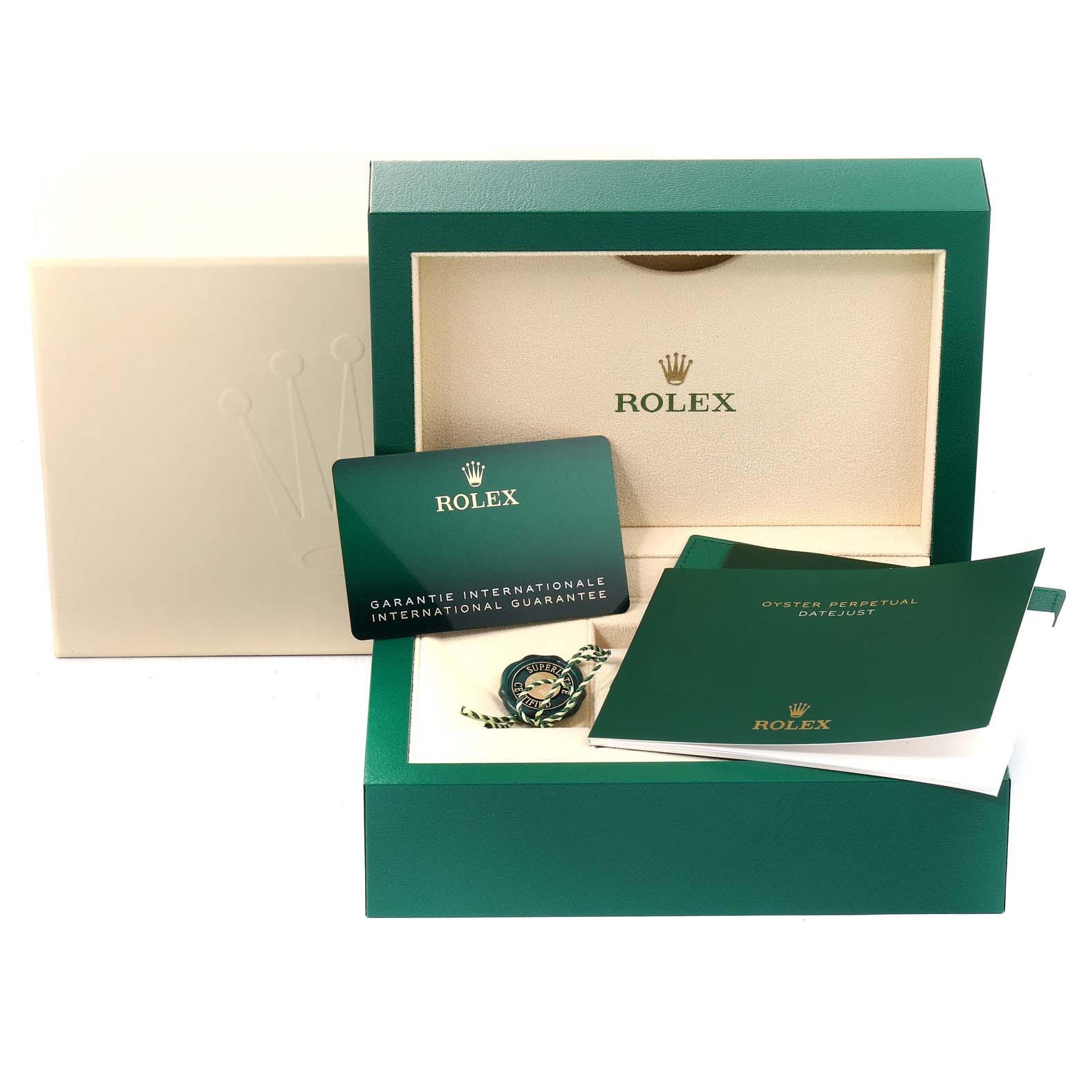 This image shows the packaging, guarantee card, and manuals for a Rolex Datejust 126233 Men's Steel and Gold (two tone) Champagne Dial 126233 Men's Steel and Gold (two tone) Champagne Dial watch, viewed from the front.
