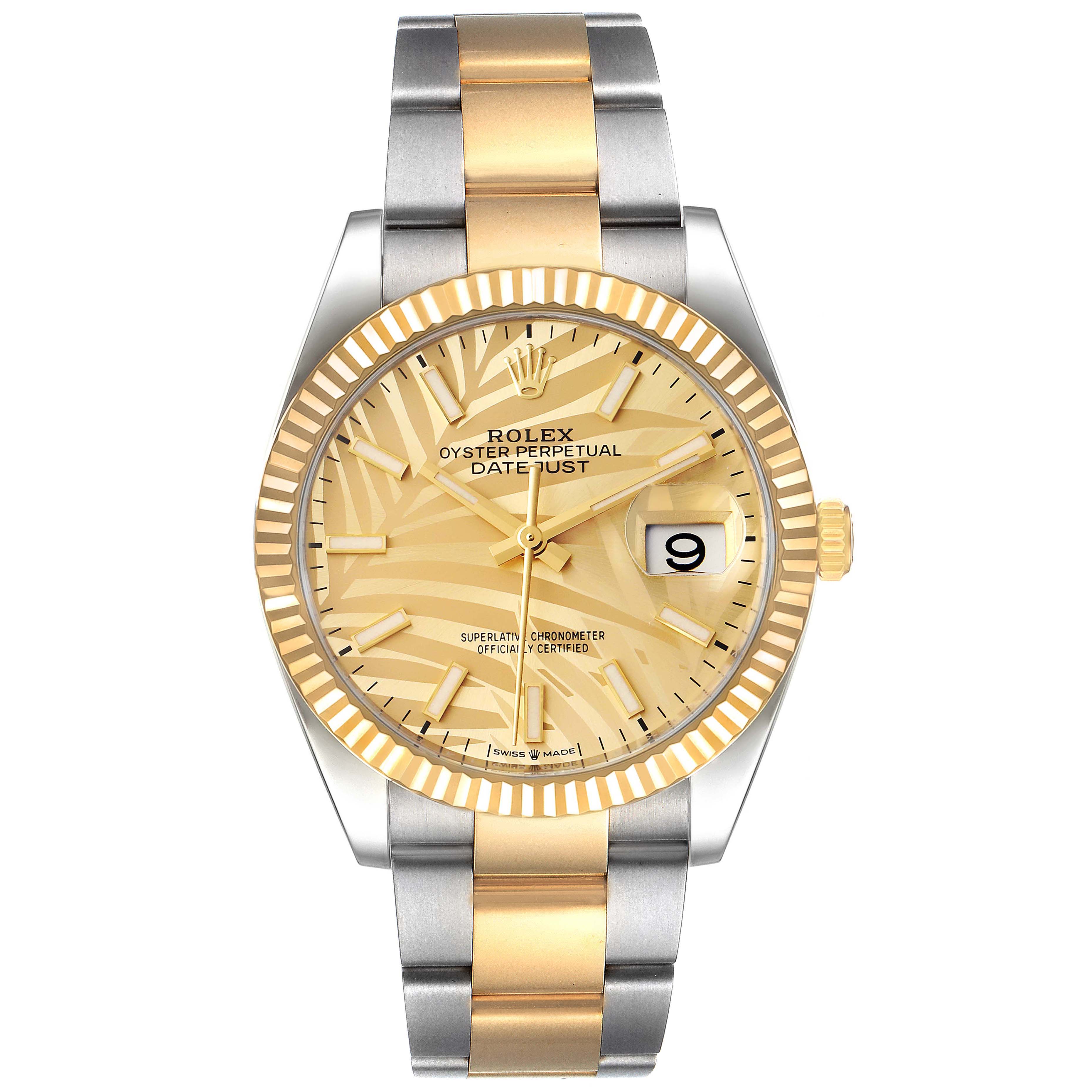 This image shows a front view of a Rolex Datejust 126233 Men's Steel and Gold (two tone) Champagne Dial 126233 Men's Steel and Gold (two tone) Champagne Dial watch, highlighting its gold and silver bracelet, gold dial, and date window.