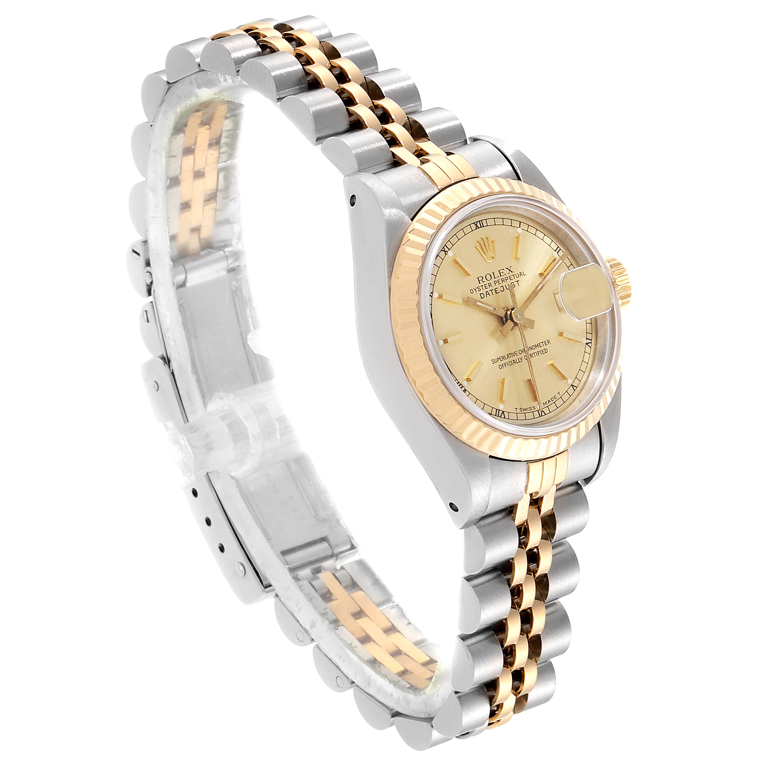 The image shows a Rolex Datejust 69173 Women's Steel and Gold (two tone) Champagne Dial 69173 Women's Steel and Gold (two tone) Champagne Dial watch at an angle highlighting the face, bezel, and band.
