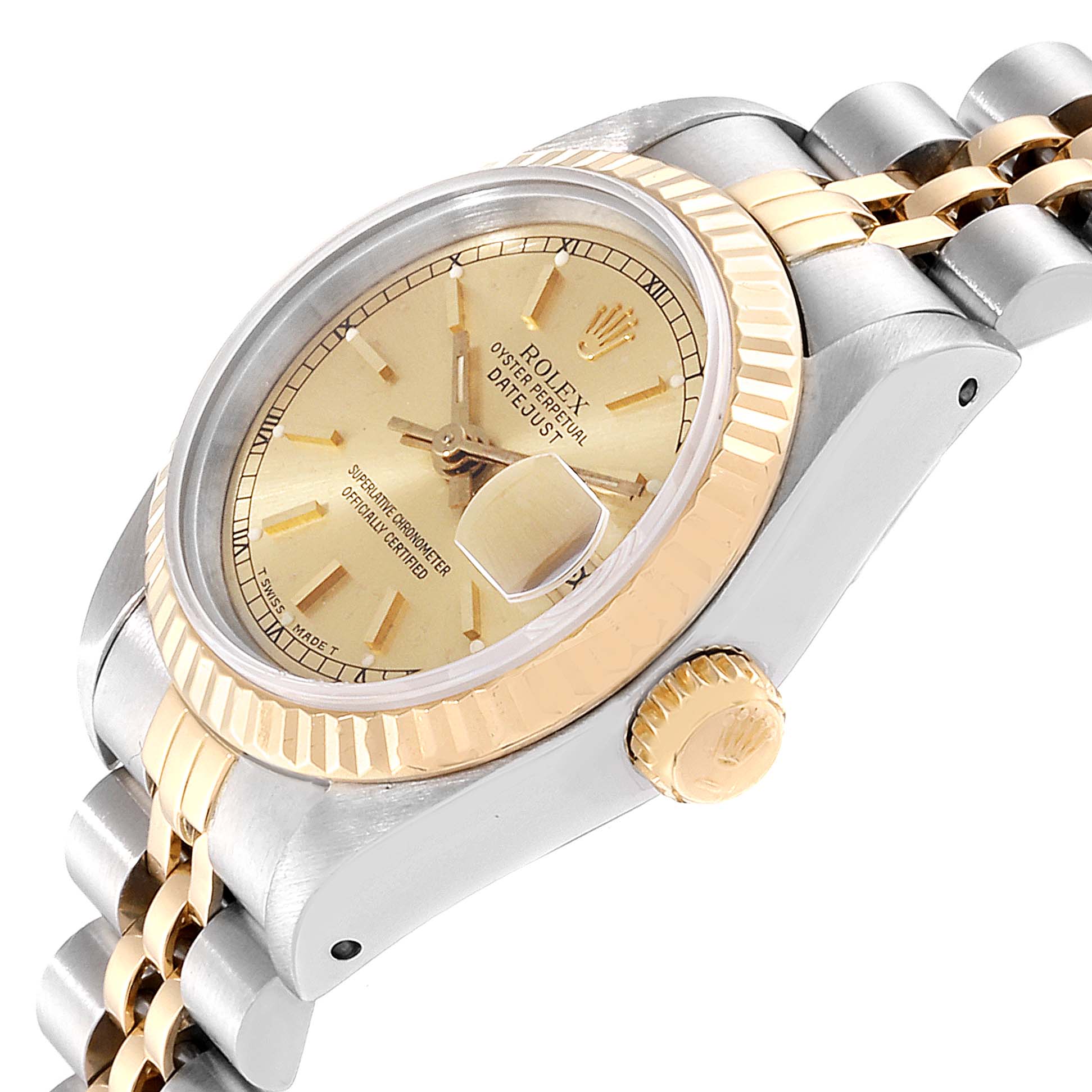 The image shows a side angle view of a Rolex Datejust 69173 Women's Steel and Gold (two tone) Champagne Dial 69173 Women's Steel and Gold (two tone) Champagne Dial watch highlighting its gold bezel, crown, and bicolor bracelet.