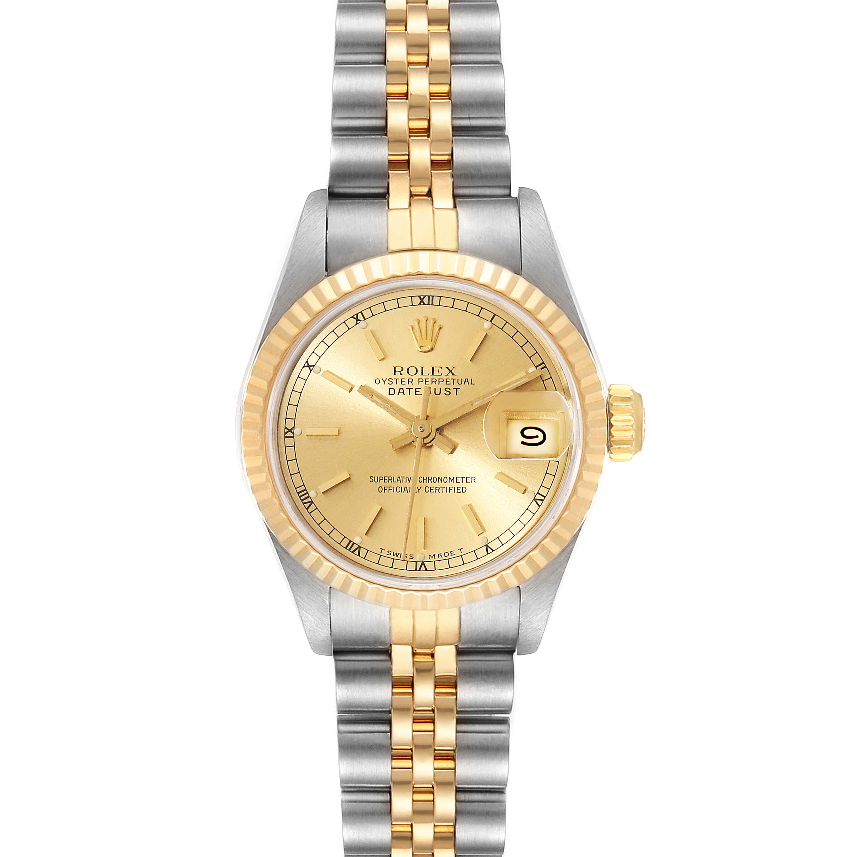 This image shows a front view of a Rolex Datejust 69173 Women's Steel and Gold (two tone) Champagne Dial 69173 Women's Steel and Gold (two tone) Champagne Dial watch with a gold dial, fluted bezel, and two-tone bracelet.