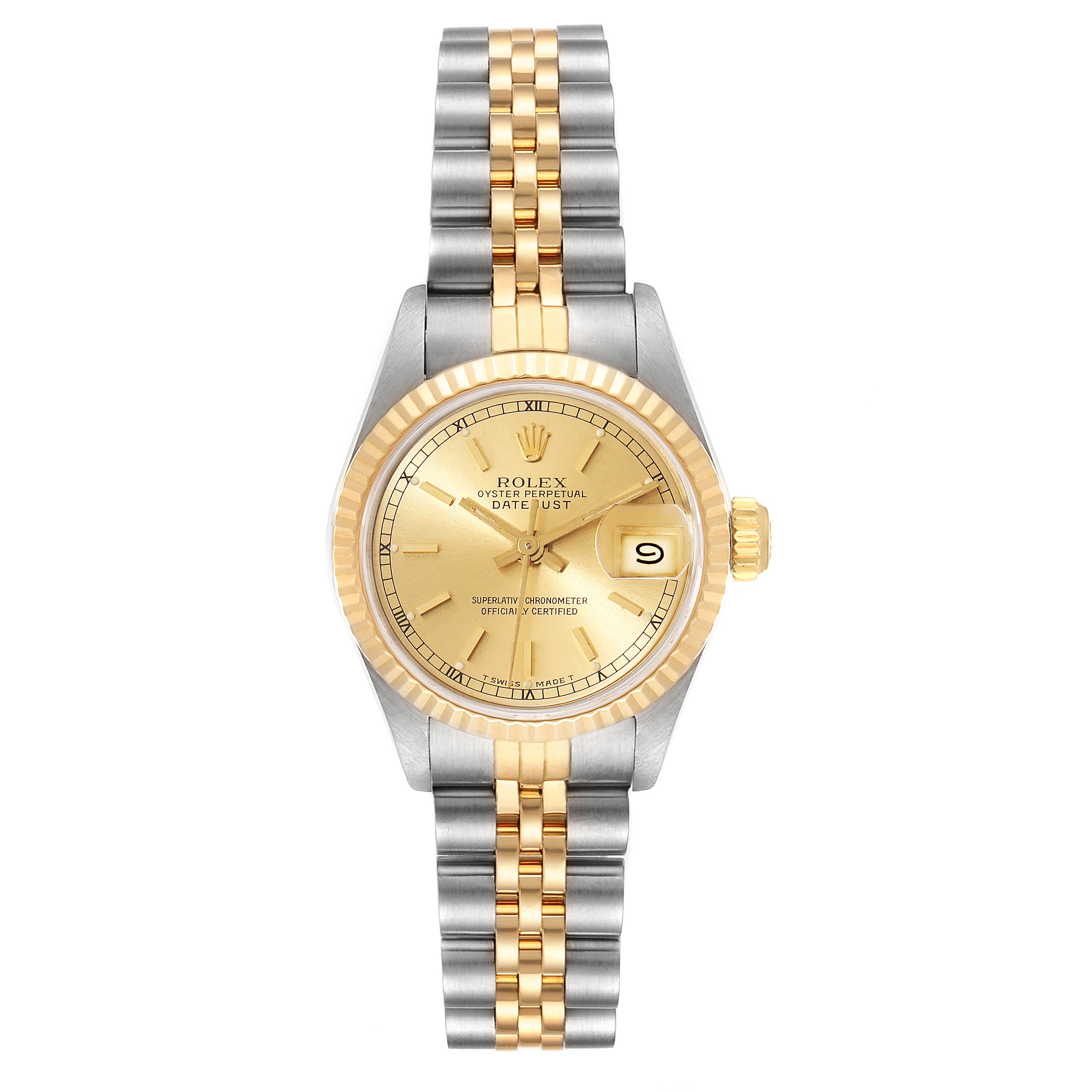 This image shows a front view of a Rolex Datejust 69173 Women's Steel and Gold (two tone) Champagne Dial 69173 Women's Steel and Gold (two tone) Champagne Dial watch, highlighting the dial, bezel, and two-tone bracelet.