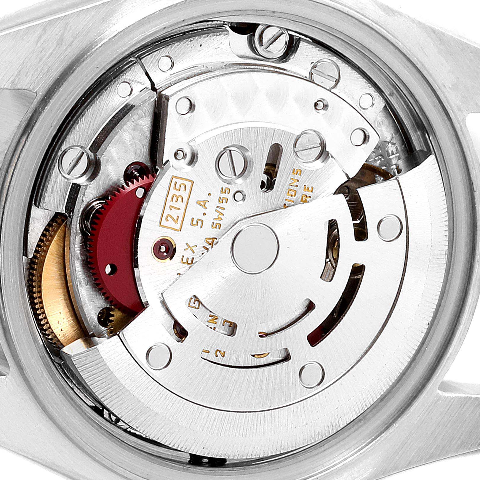 The image shows the movement mechanism of a Rolex Datejust 69173 Women's Steel and Gold (two tone) Champagne Dial 69173 Women's Steel and Gold (two tone) Champagne Dial watch from a rear angle.