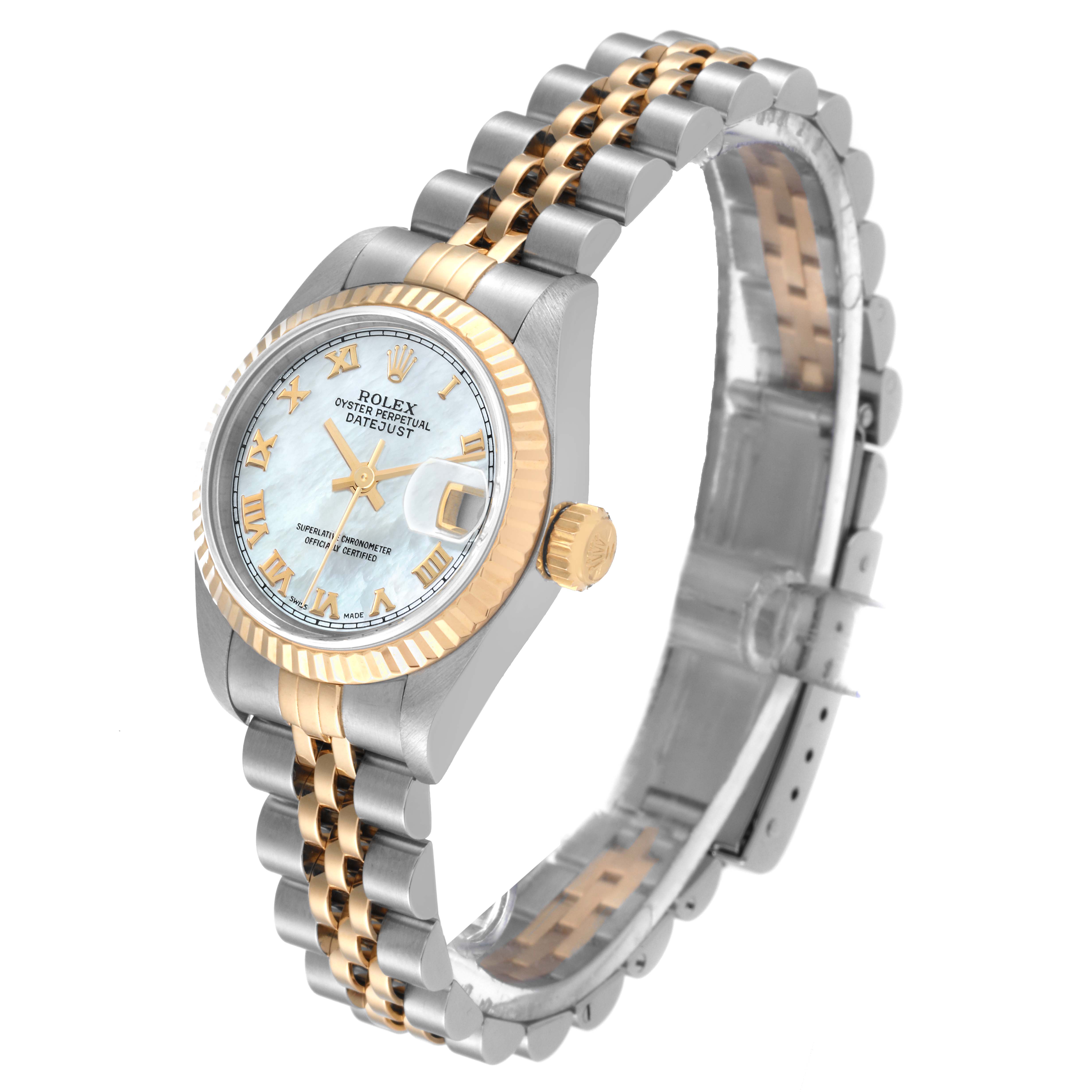 This image shows a Rolex Datejust 79173 Women's Steel and Gold (two tone) Mother of Pearl Dial 79173 Women's Steel and Gold (two tone) Mother of Pearl Dial watch angled from the front-left, displaying its face, bezel, and bracelet.