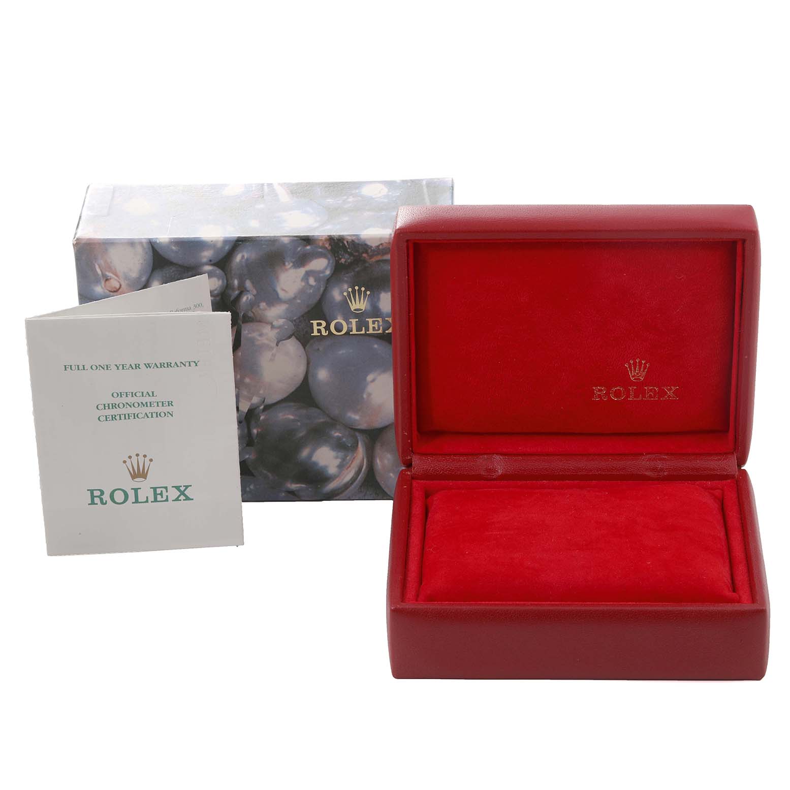 The image shows an open Rolex Datejust 79173 Women's Steel and Gold (two tone) Mother of Pearl Dial 79173 Women's Steel and Gold (two tone) Mother of Pearl Dial watch box, an outer box, and warranty documents.