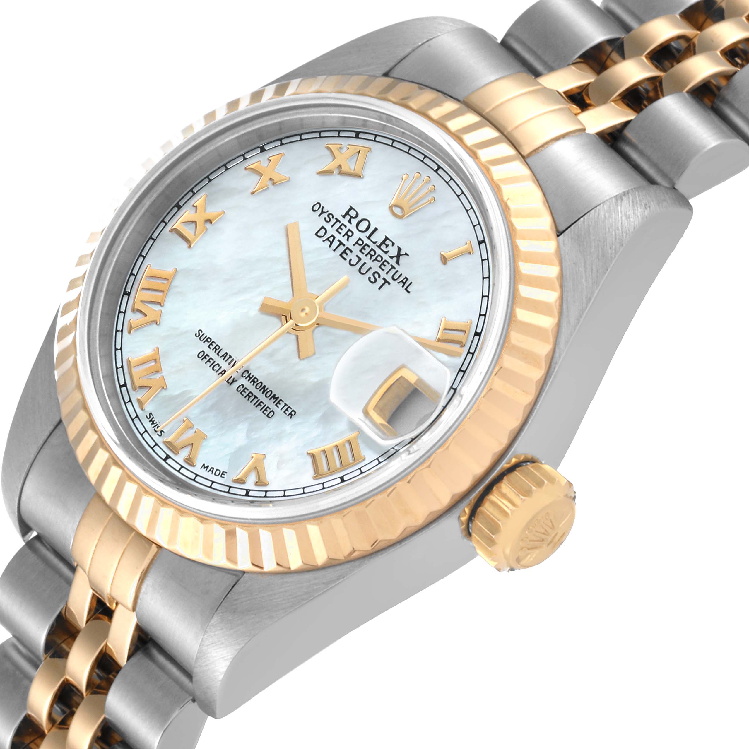 The image shows a close-up, angled view of the Rolex Datejust 79173 Women's Steel and Gold (two tone) Mother of Pearl Dial 79173 Women's Steel and Gold (two tone) Mother of Pearl Dial watch, featuring its face, bezel, crown, and part of the bracelet.