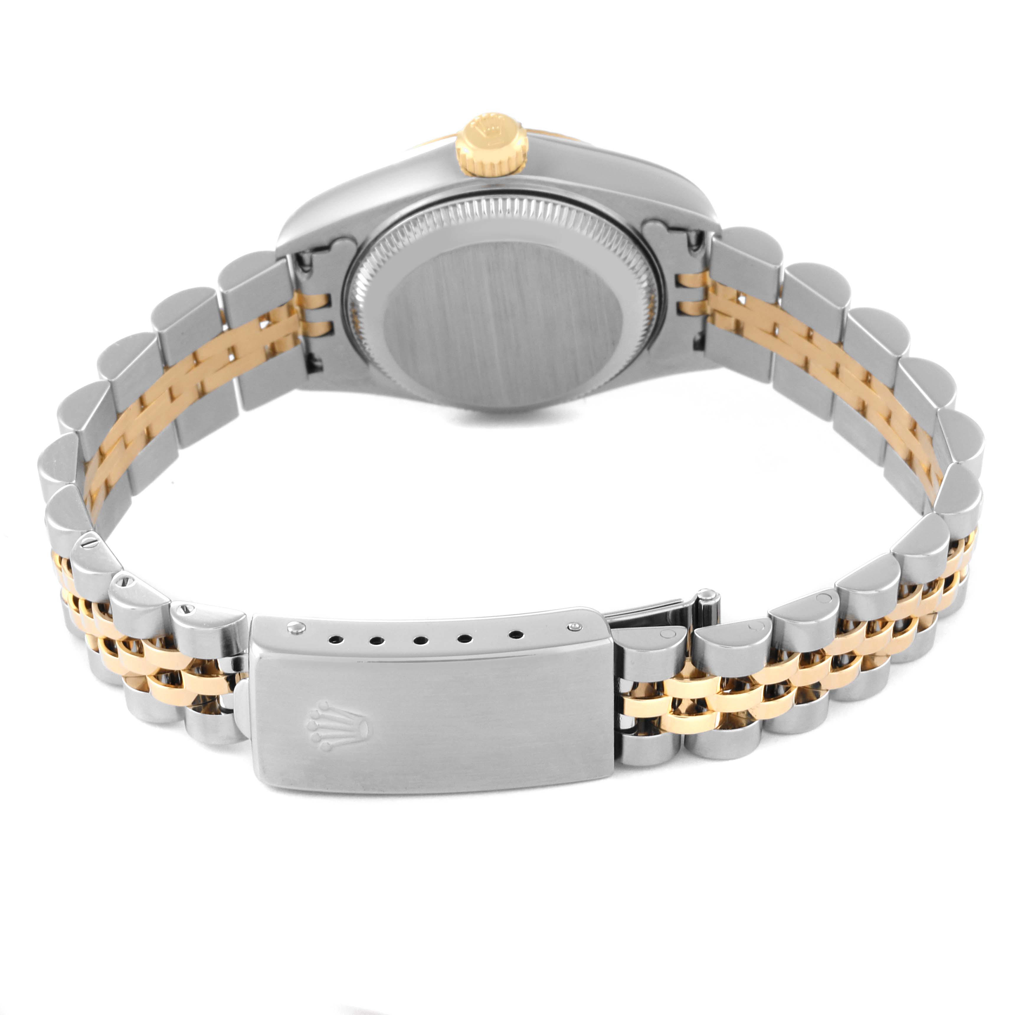 This image shows the back case, crown, and bracelet with clasp of a Rolex Datejust 79173 Women's Steel and Gold (two tone) Mother of Pearl Dial 79173 Women's Steel and Gold (two tone) Mother of Pearl Dial watch.