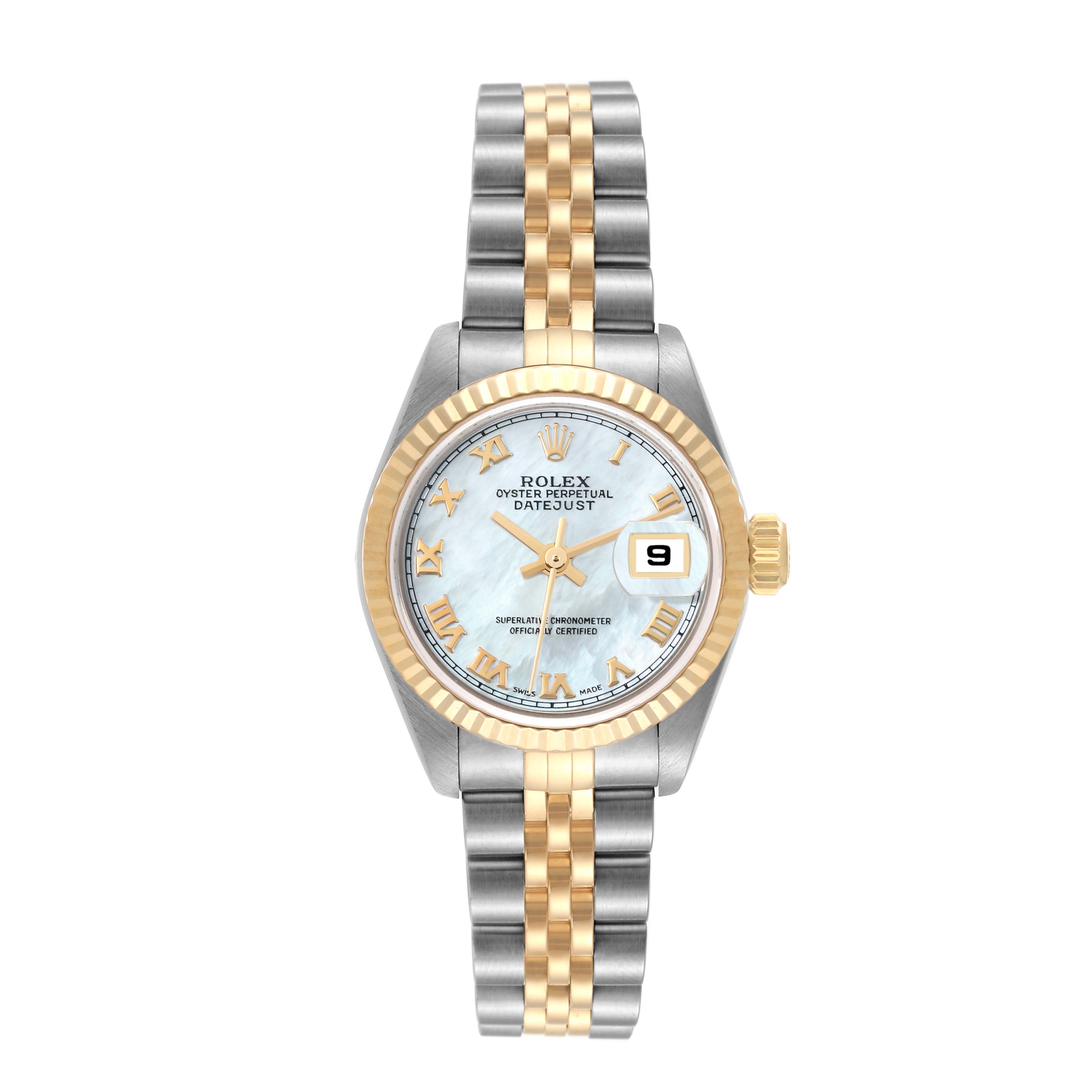 This image shows a front view of a Rolex Datejust 79173 Women's Steel and Gold (two tone) Mother of Pearl Dial 79173 Women's Steel and Gold (two tone) Mother of Pearl Dial watch displaying its bracelet, bezel, dial, and date window.