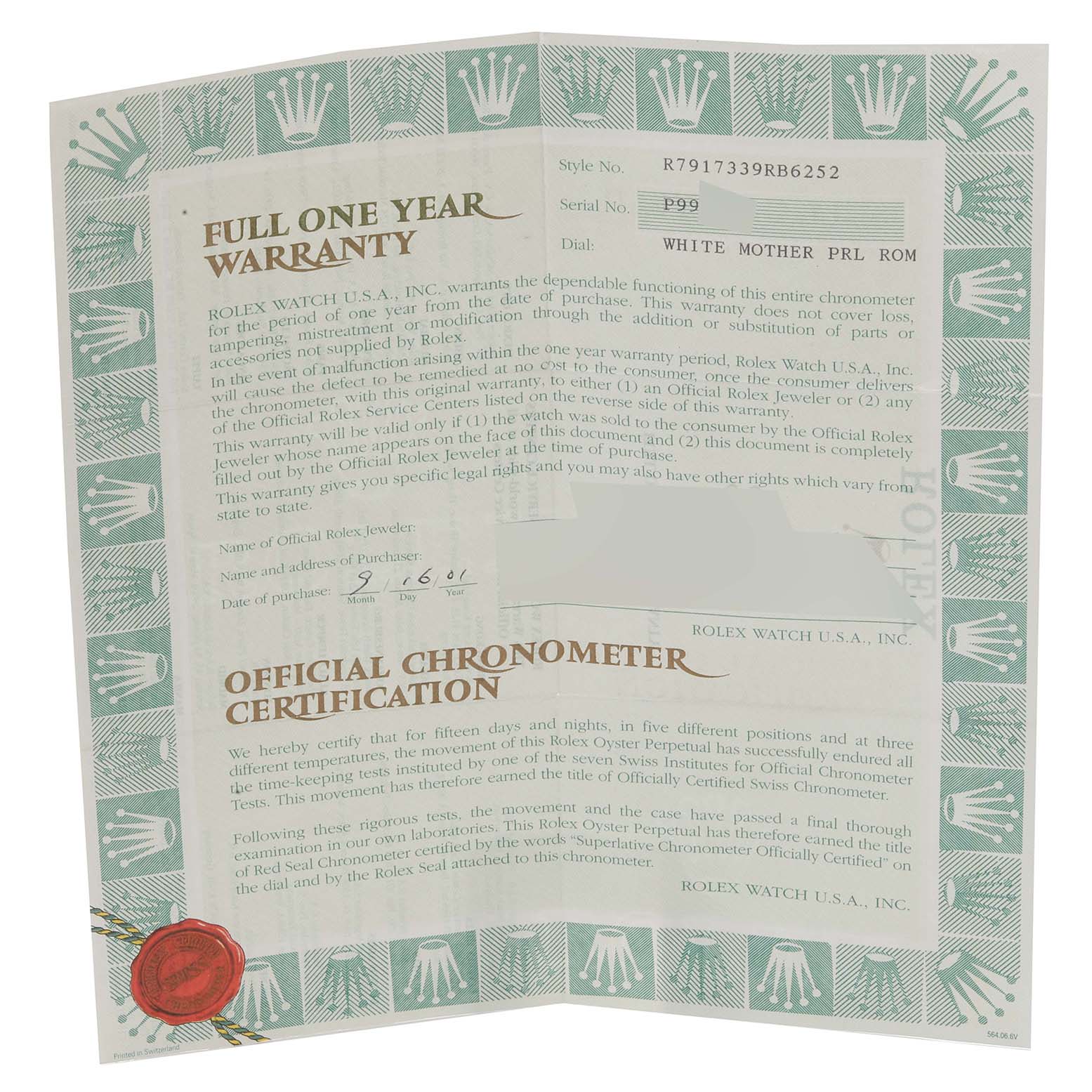 The image shows the official chronometer certification and warranty card for the Rolex Datejust 79173 Women's Steel and Gold (two tone) Mother of Pearl Dial 79173 Women's Steel and Gold (two tone) Mother of Pearl Dial model.