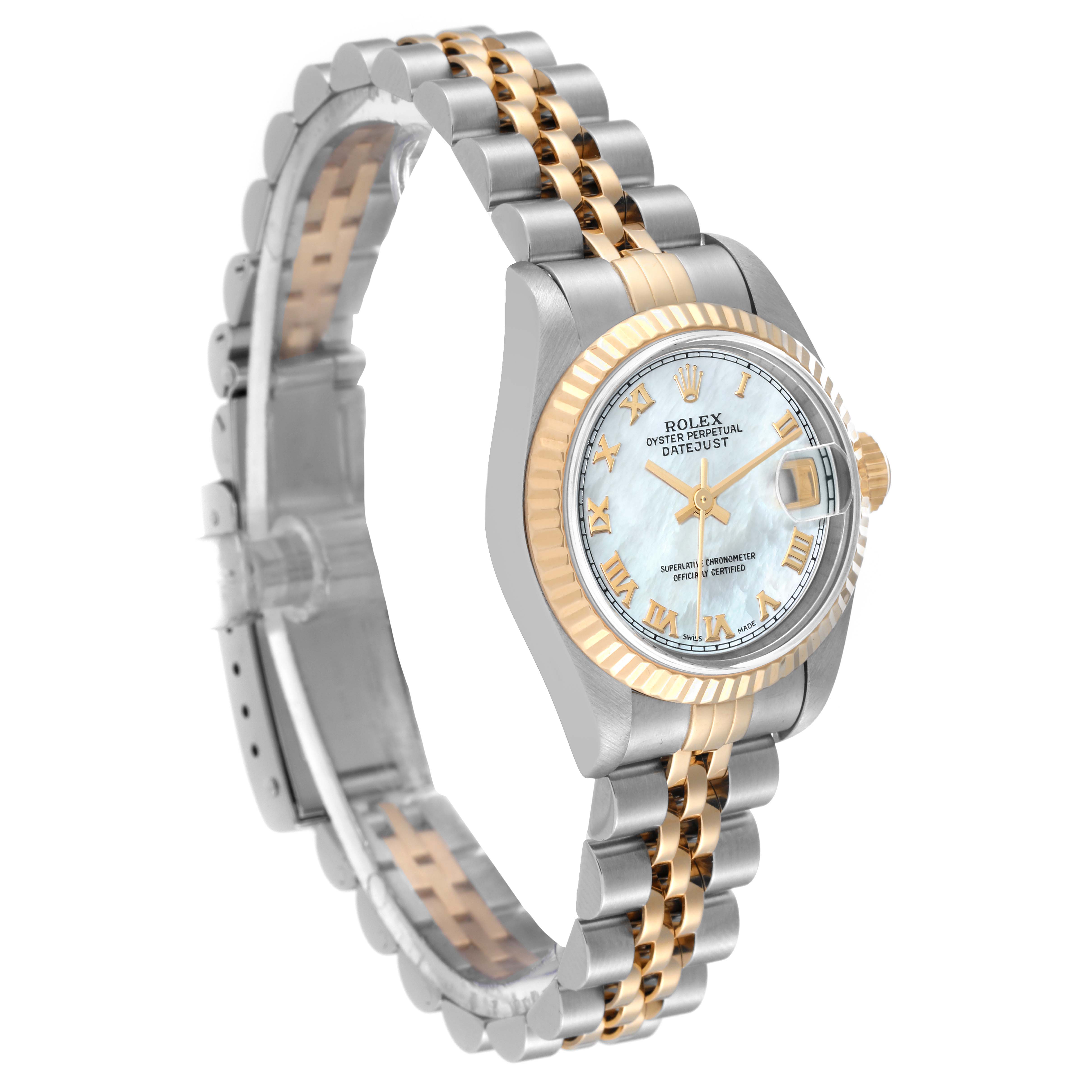 This image shows the Rolex Datejust 79173 Women's Steel and Gold (two tone) Mother of Pearl Dial 79173 Women's Steel and Gold (two tone) Mother of Pearl Dial watch at a high three-quarter angle, highlighting its two-tone bracelet and mother-of-pearl dial.
