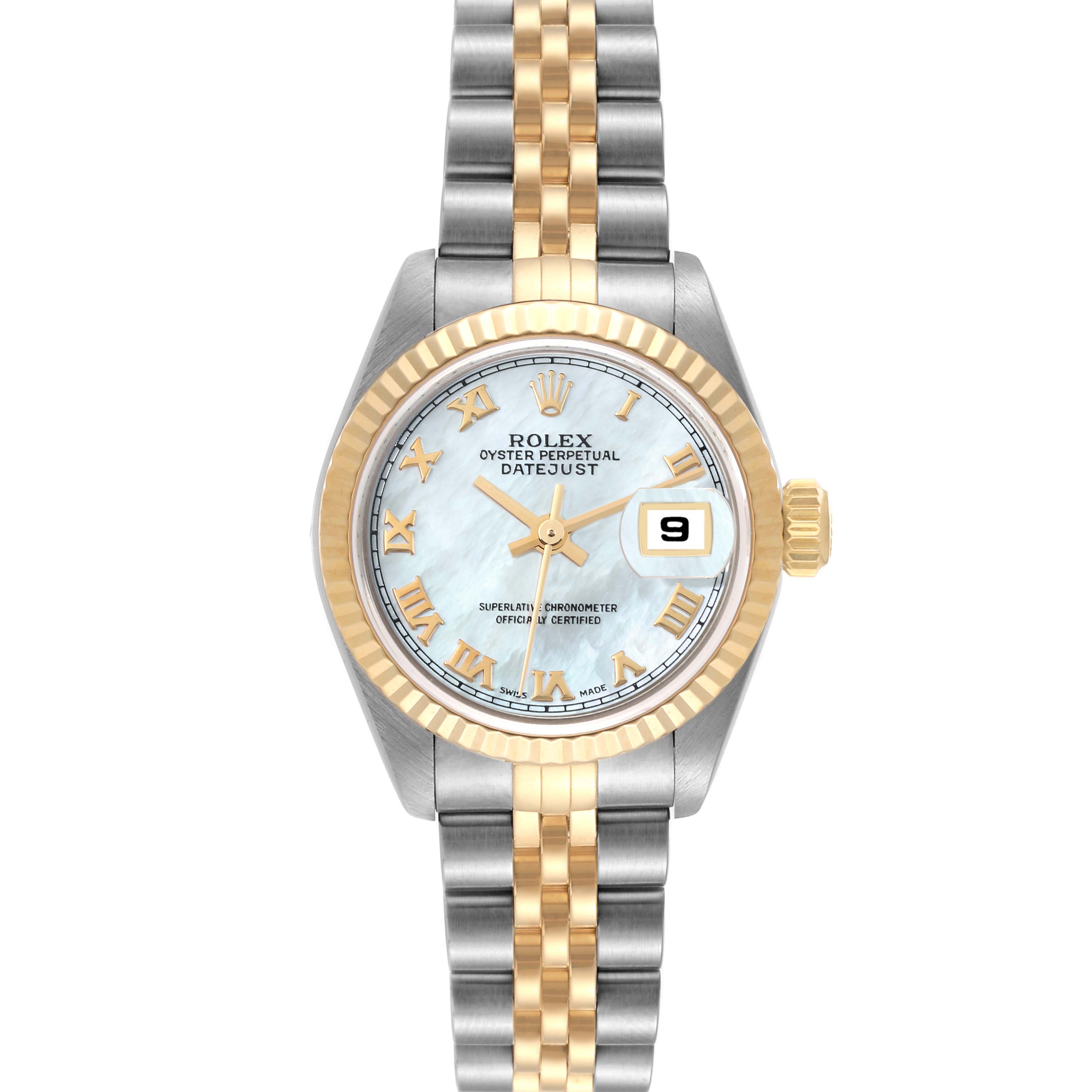 The image shows a front view of a Rolex Datejust 79173 Women's Steel and Gold (two tone) Mother of Pearl Dial 79173 Women's Steel and Gold (two tone) Mother of Pearl Dial watch with a two-tone band and a date window.