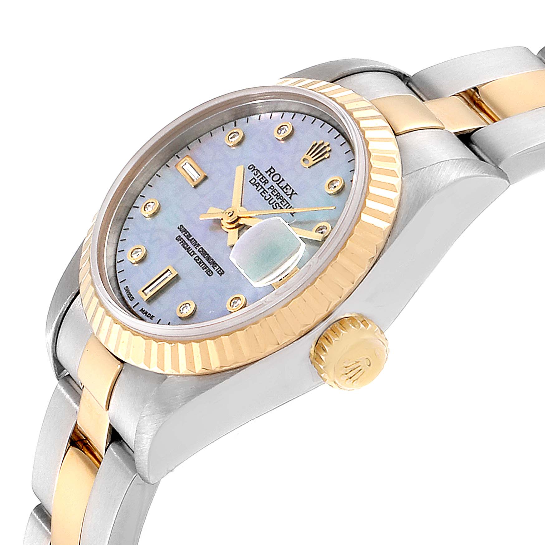 The image shows a side angle of the Rolex Datejust 79173 Women's Steel and Gold (two tone) Mother of Pearl Dial 79173 Women's Steel and Gold (two tone) Mother of Pearl Dial watch, highlighting the crown, bezel, and part of the bracelet.