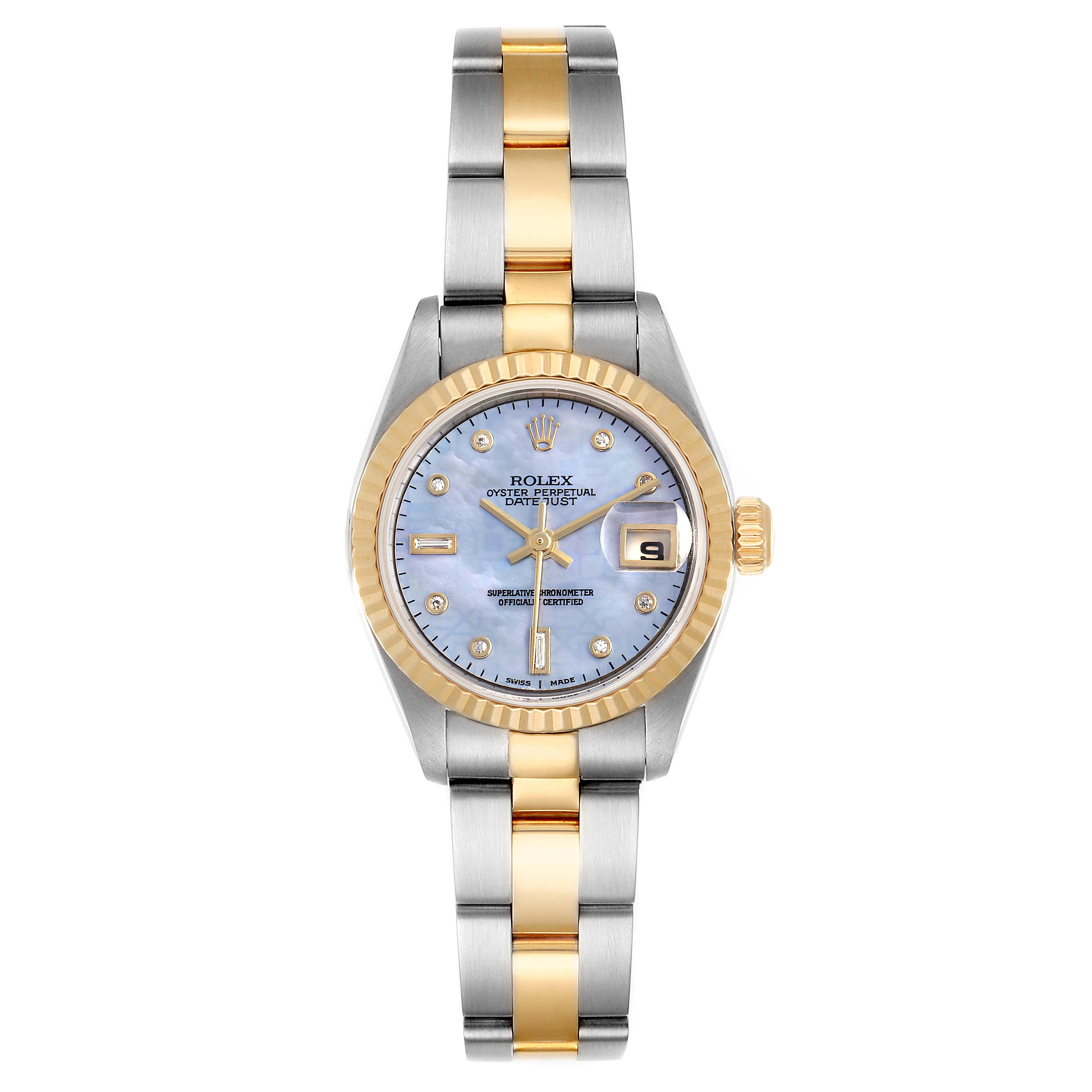 The image shows a Rolex Datejust 79173 Women's Steel and Gold (two tone) Mother of Pearl Dial 79173 Women's Steel and Gold (two tone) Mother of Pearl Dial watch with a blue dial, gold bezel, and two-tone bracelet, viewed from the front.