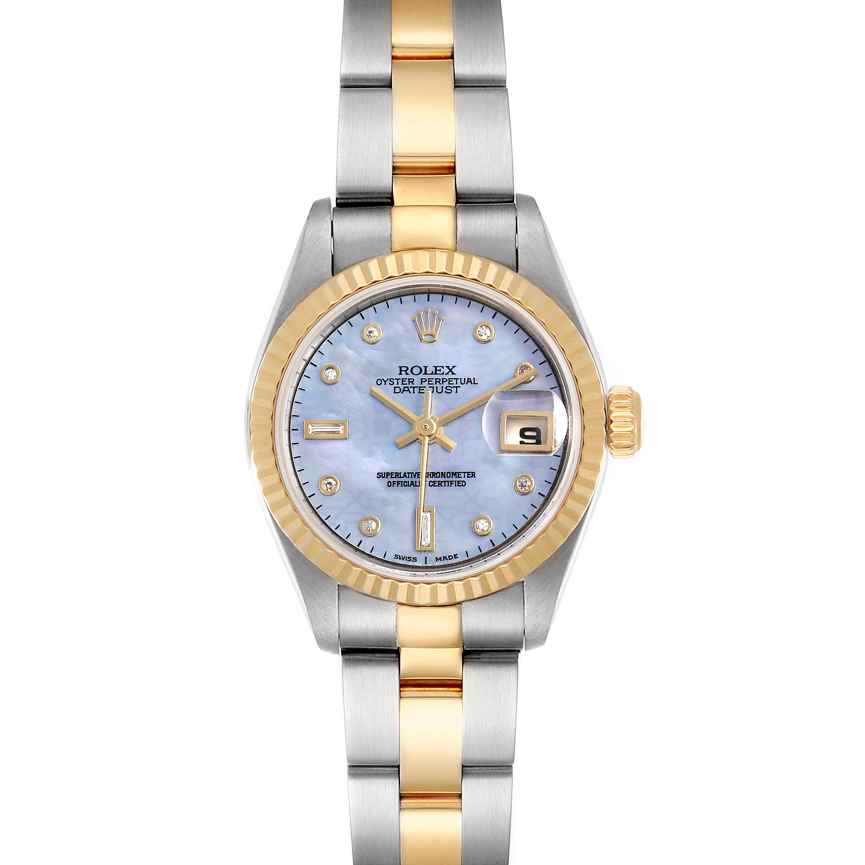 The Rolex Datejust 79173 Women's Steel and Gold (two tone) Mother of Pearl Dial 79173 Women's Steel and Gold (two tone) Mother of Pearl Dial watch is shown from a top-down angle, displaying its dial, fluted bezel, and two-tone bracelet.