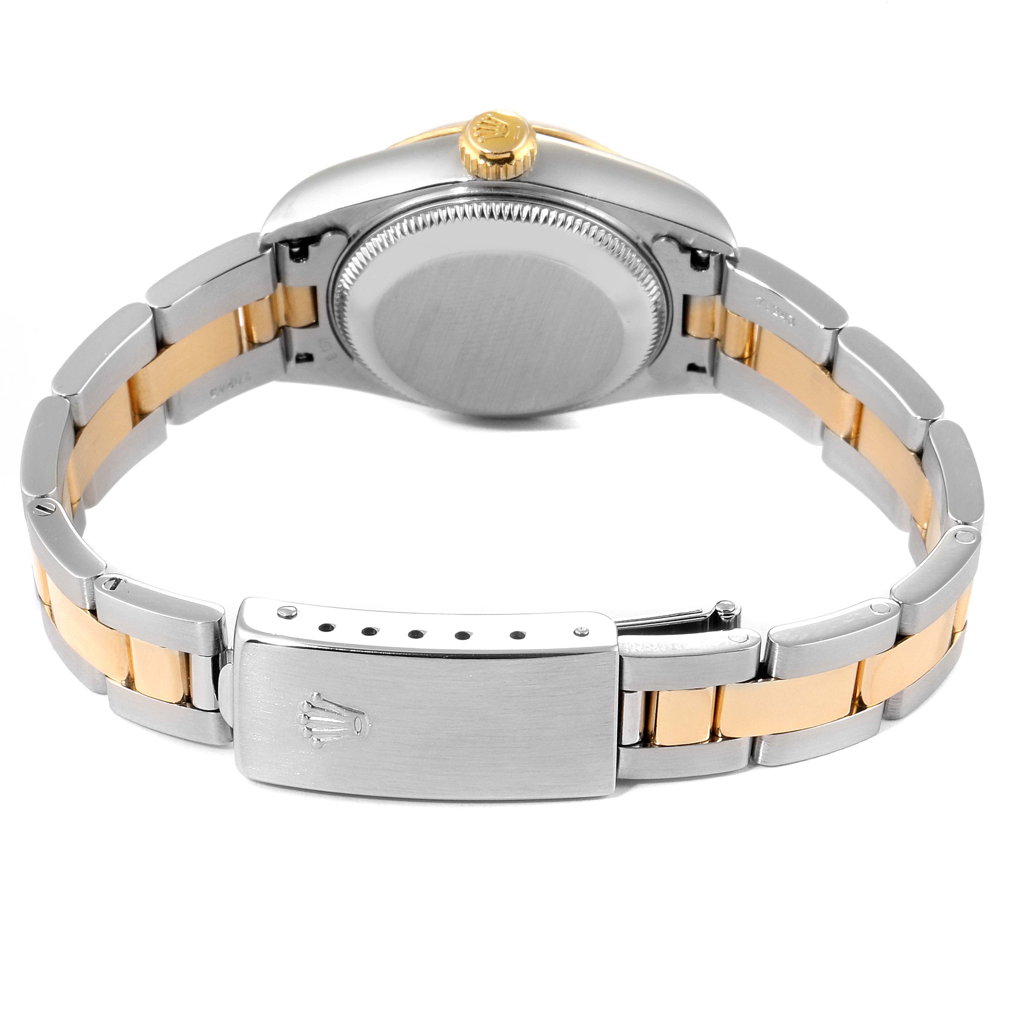 The image shows a Rolex Datejust 79173 Women's Steel and Gold (two tone) Mother of Pearl Dial 79173 Women's Steel and Gold (two tone) Mother of Pearl Dial watch from the back, highlighting the case back, crown, and two-tone bracelet with a clasp.