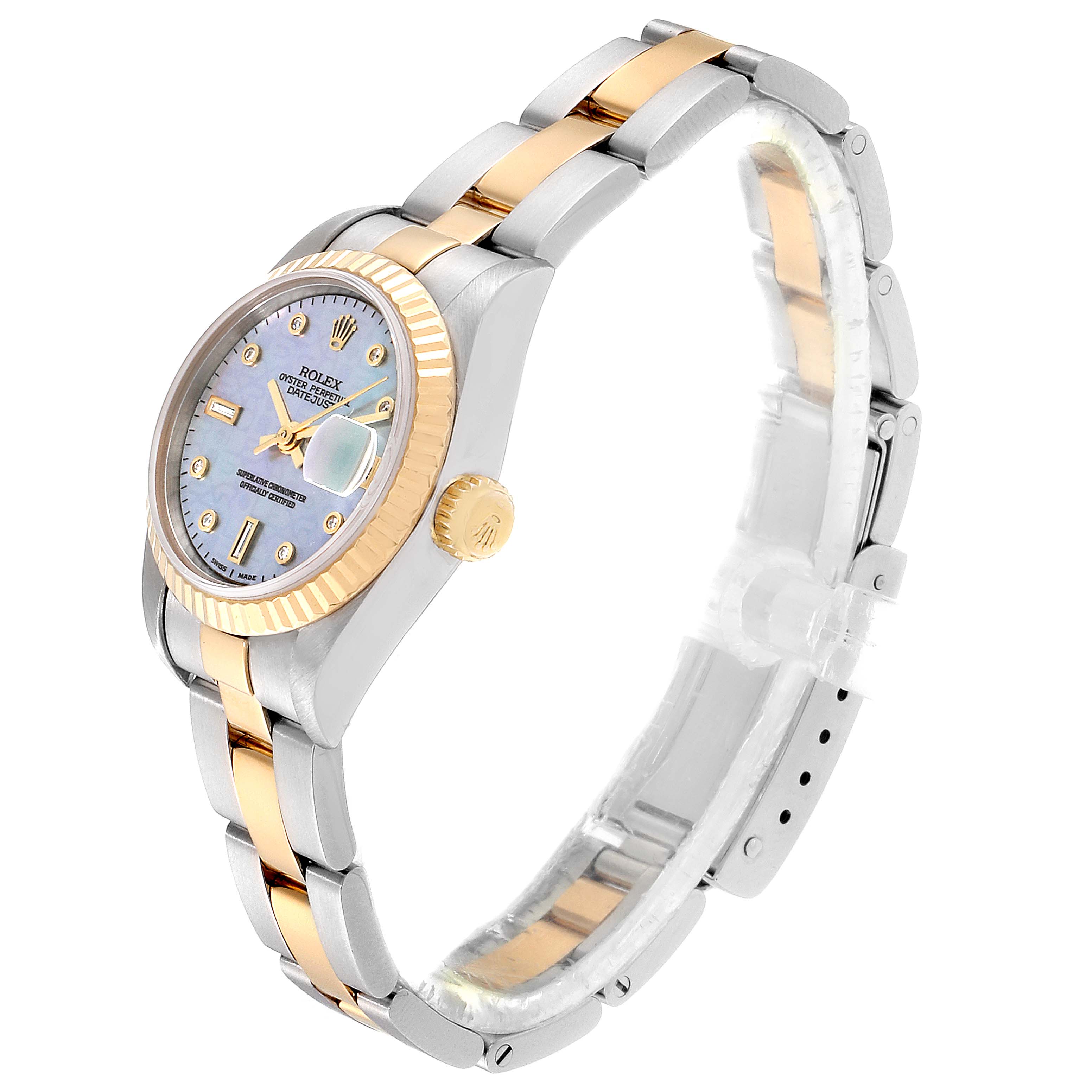 The image shows a side angle of the Rolex Datejust 79173 Women's Steel and Gold (two tone) Mother of Pearl Dial 79173 Women's Steel and Gold (two tone) Mother of Pearl Dial watch, highlighting its two-tone metal bracelet, fluted bezel, and blue dial.