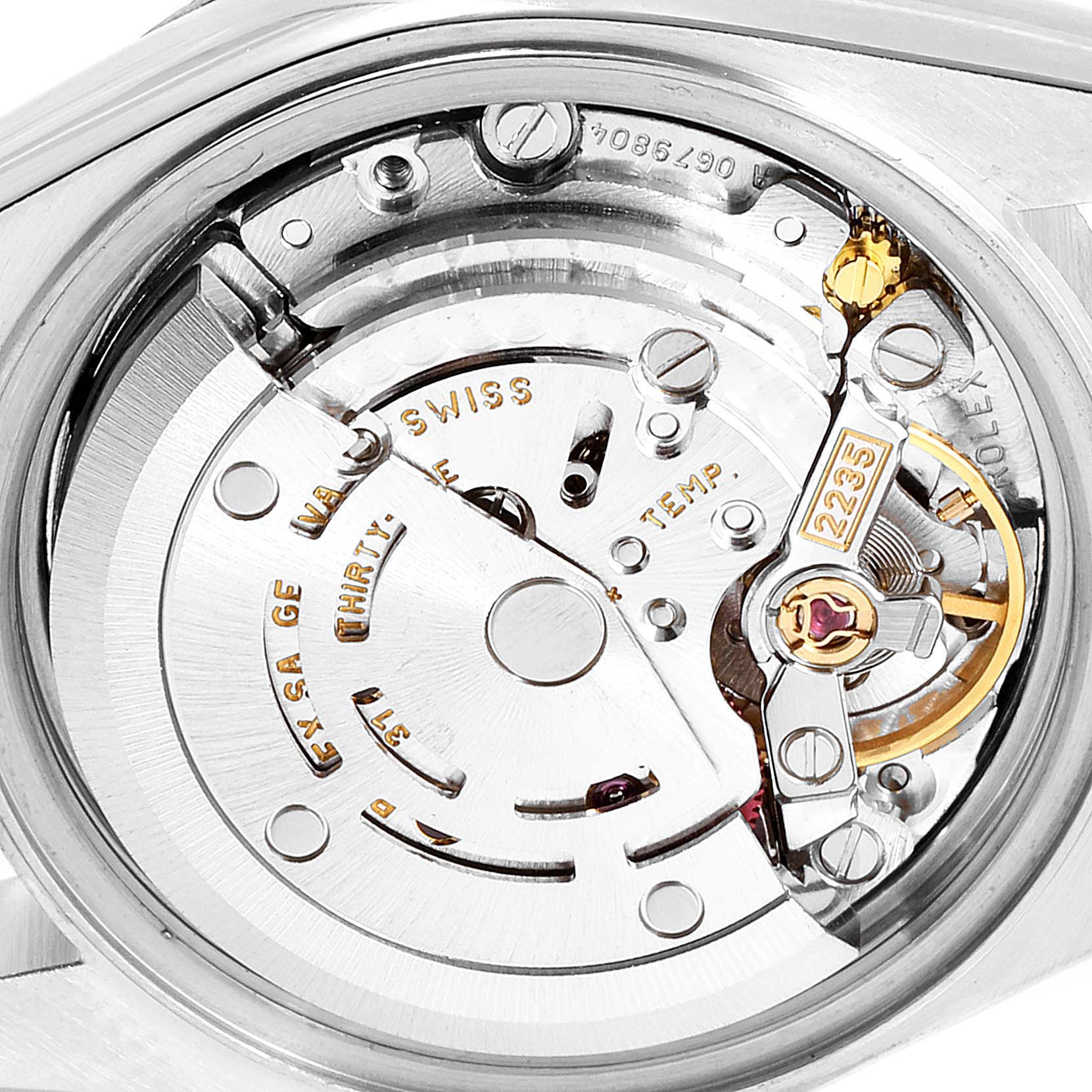 The image displays the internal movement mechanism of a Rolex Datejust 79173 Women's Steel and Gold (two tone) Mother of Pearl Dial 79173 Women's Steel and Gold (two tone) Mother of Pearl Dial watch at a close-up angle.