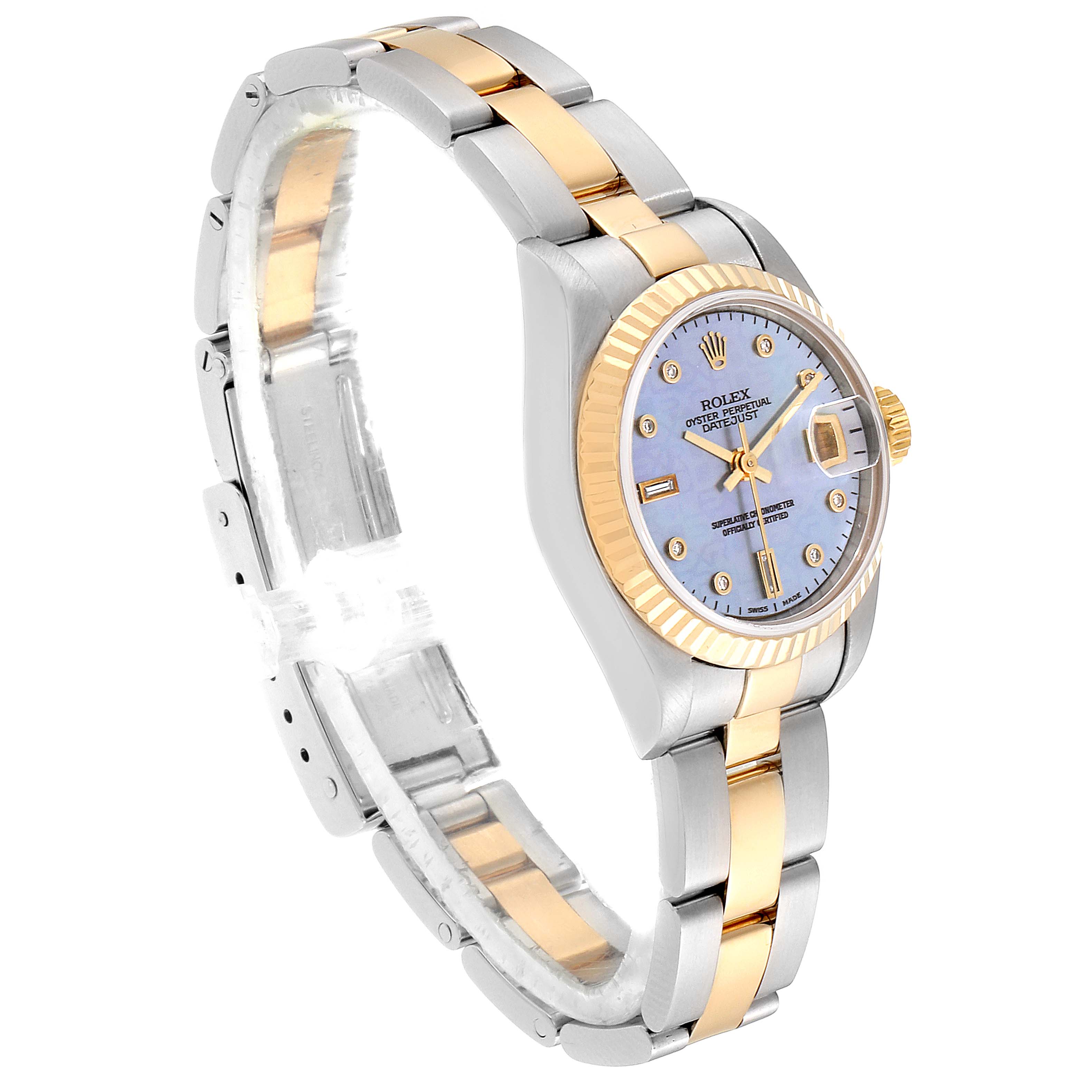 This is a side angle view of a Rolex Datejust 79173 Women's Steel and Gold (two tone) Mother of Pearl Dial 79173 Women's Steel and Gold (two tone) Mother of Pearl Dial model, showcasing its two-tone bracelet, fluted bezel, and blue dial.
