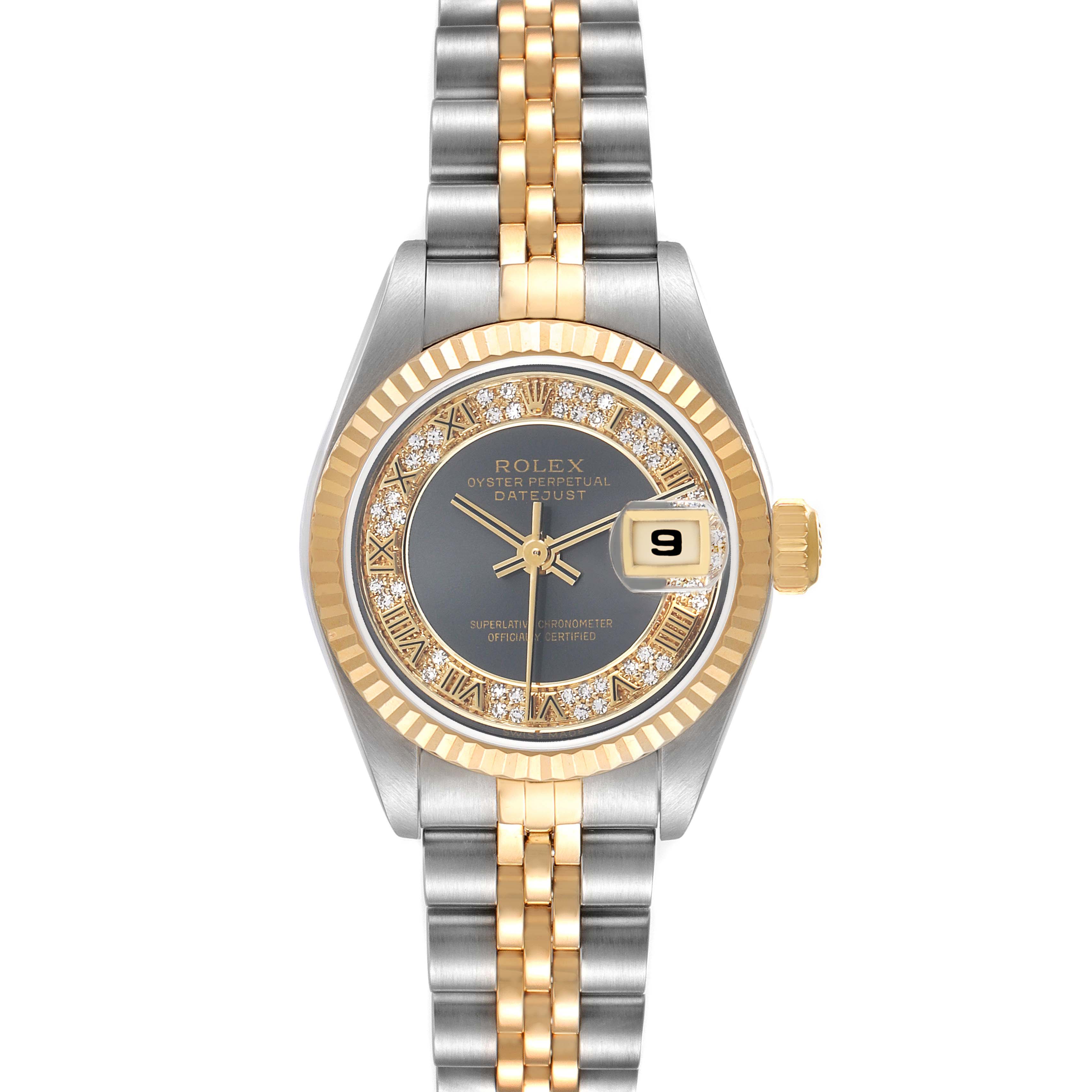 The Rolex Datejust 79173 Women
s Steel and Gold (two tone) Grey Dial watch is shown from a top-down angle, highlighting the face, bezel, and part of the metal bracelet.