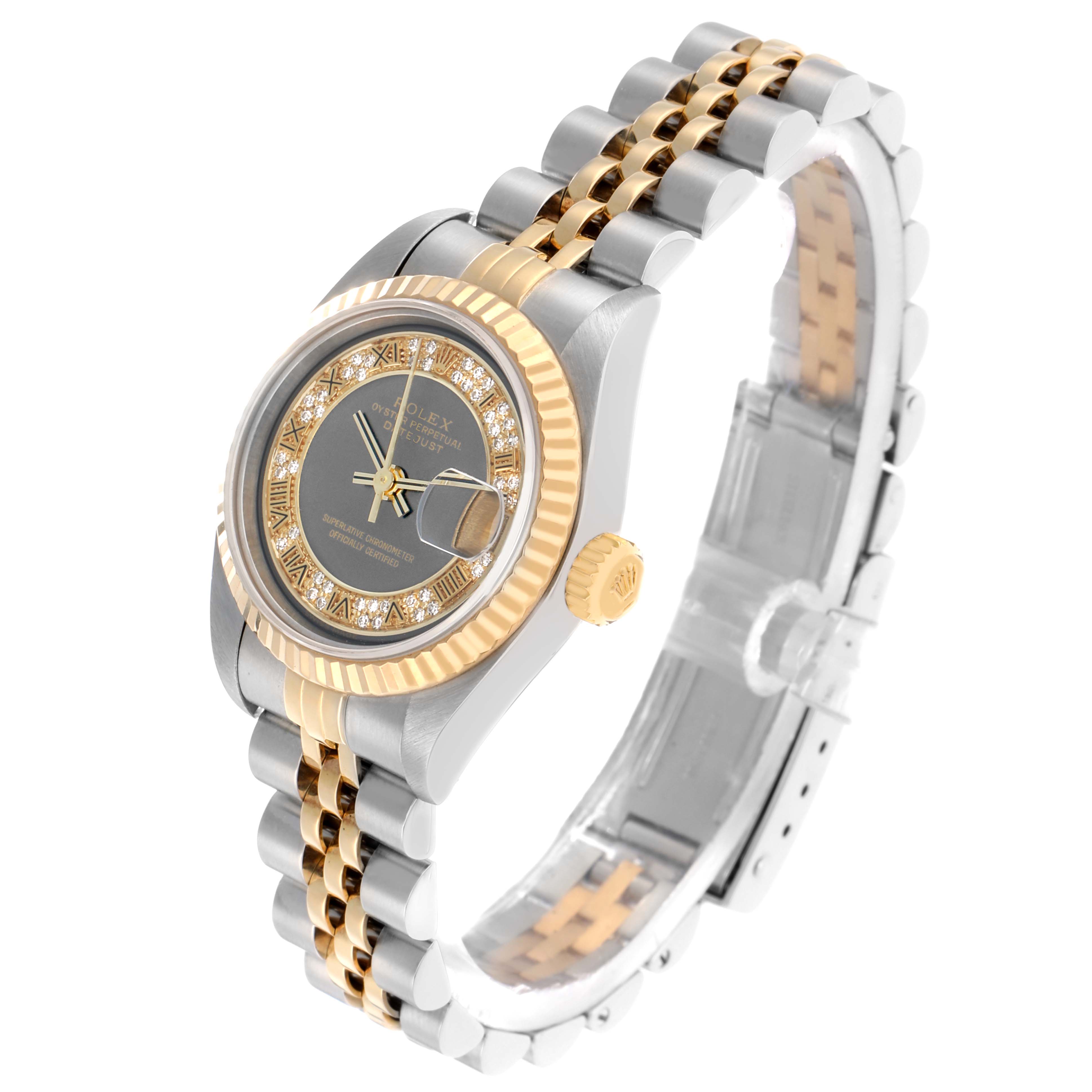 The Rolex Datejust 79173 Women
s Steel and Gold (two tone) Grey Dial is shown at a 3/4 angle, highlighting the face, fluted bezel, crown, and two-tone bracelet.