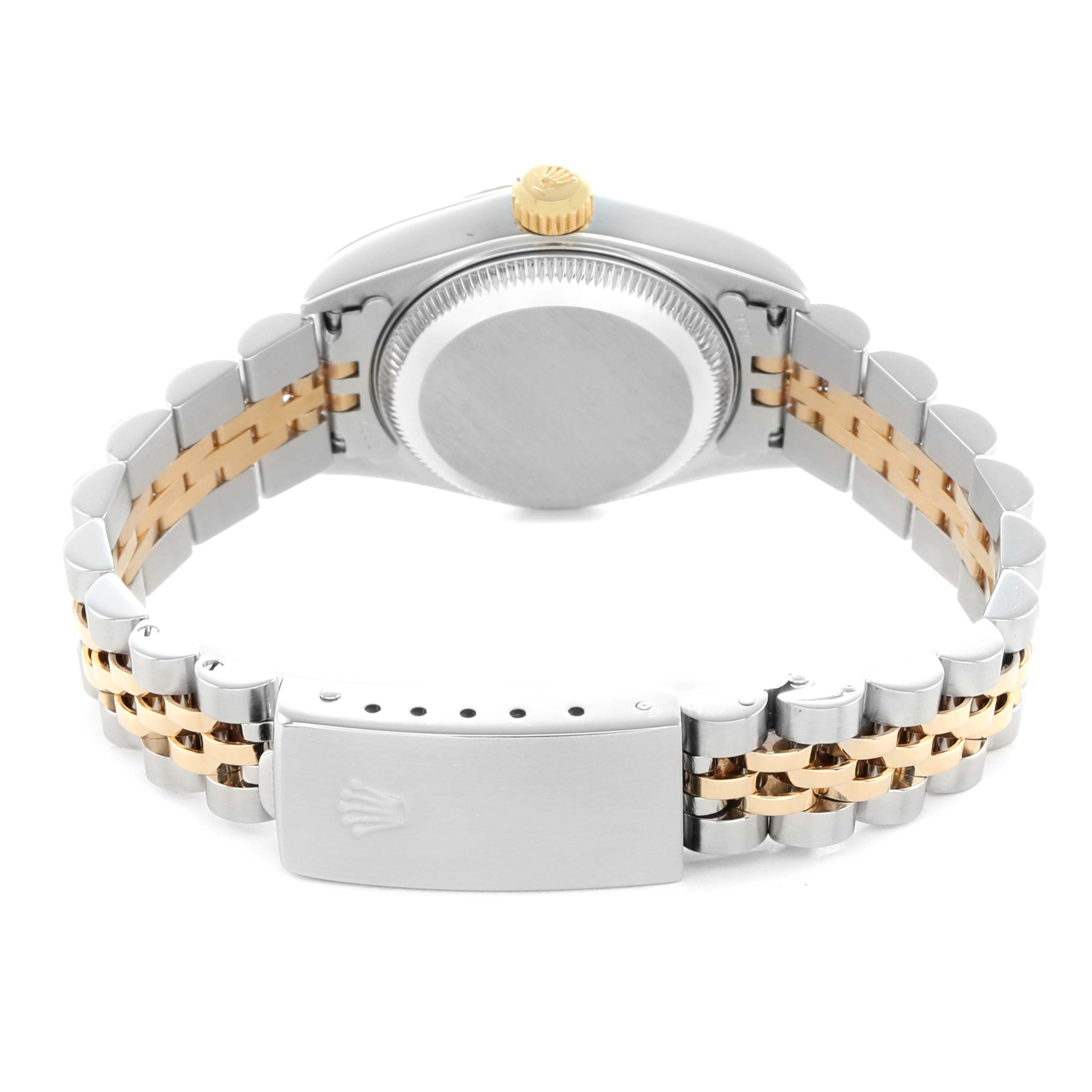 The image shows the back of a Rolex Datejust 79173 Women
s Steel and Gold (two tone) Grey Dial watch, highlighting the case back, crown, and two-tone bracelet with clasp.