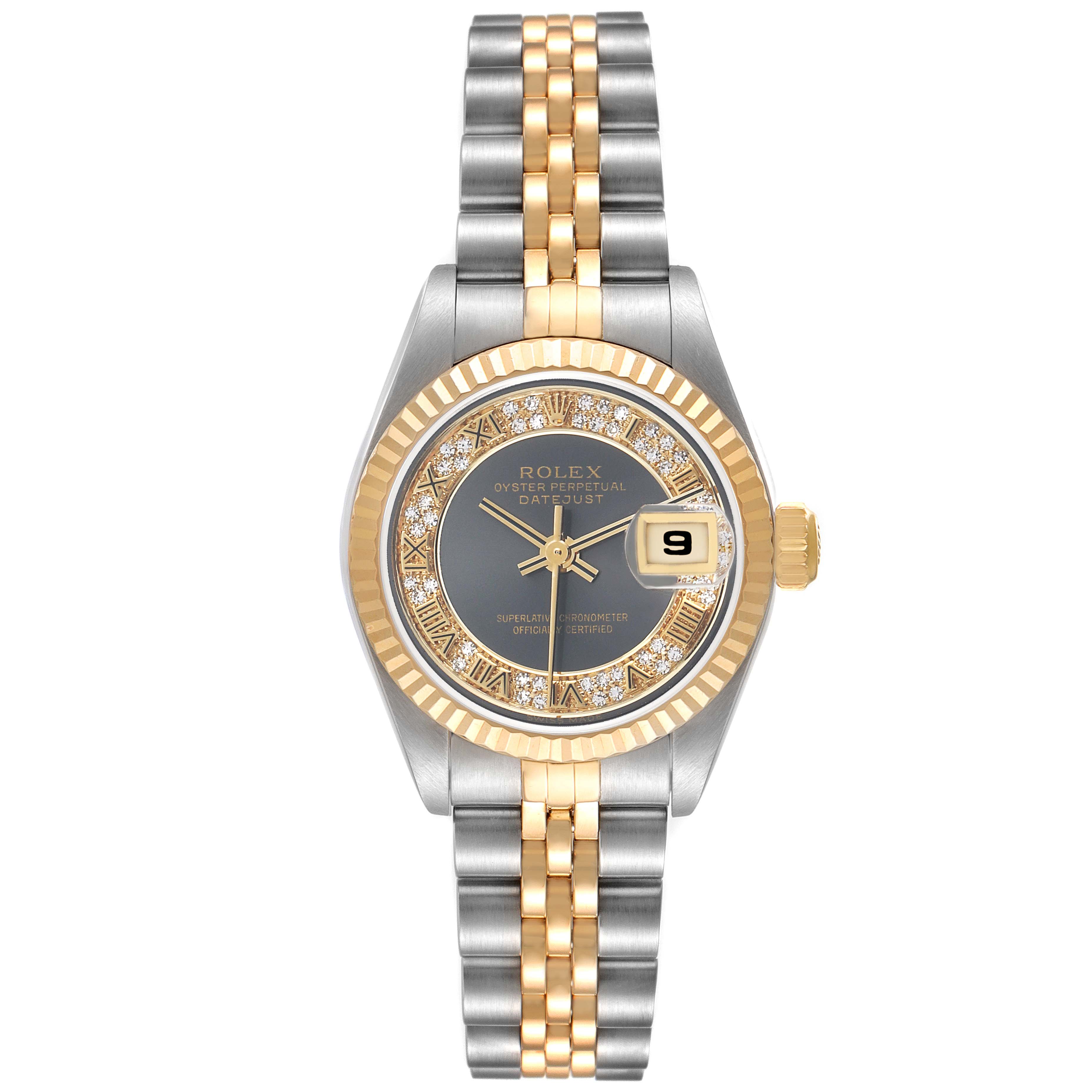 The Rolex Datejust 79173 Women
s Steel and Gold (two tone) Grey Dial watch is shown from a top-down angle, revealing its face, bezel, bracelet, and crown.