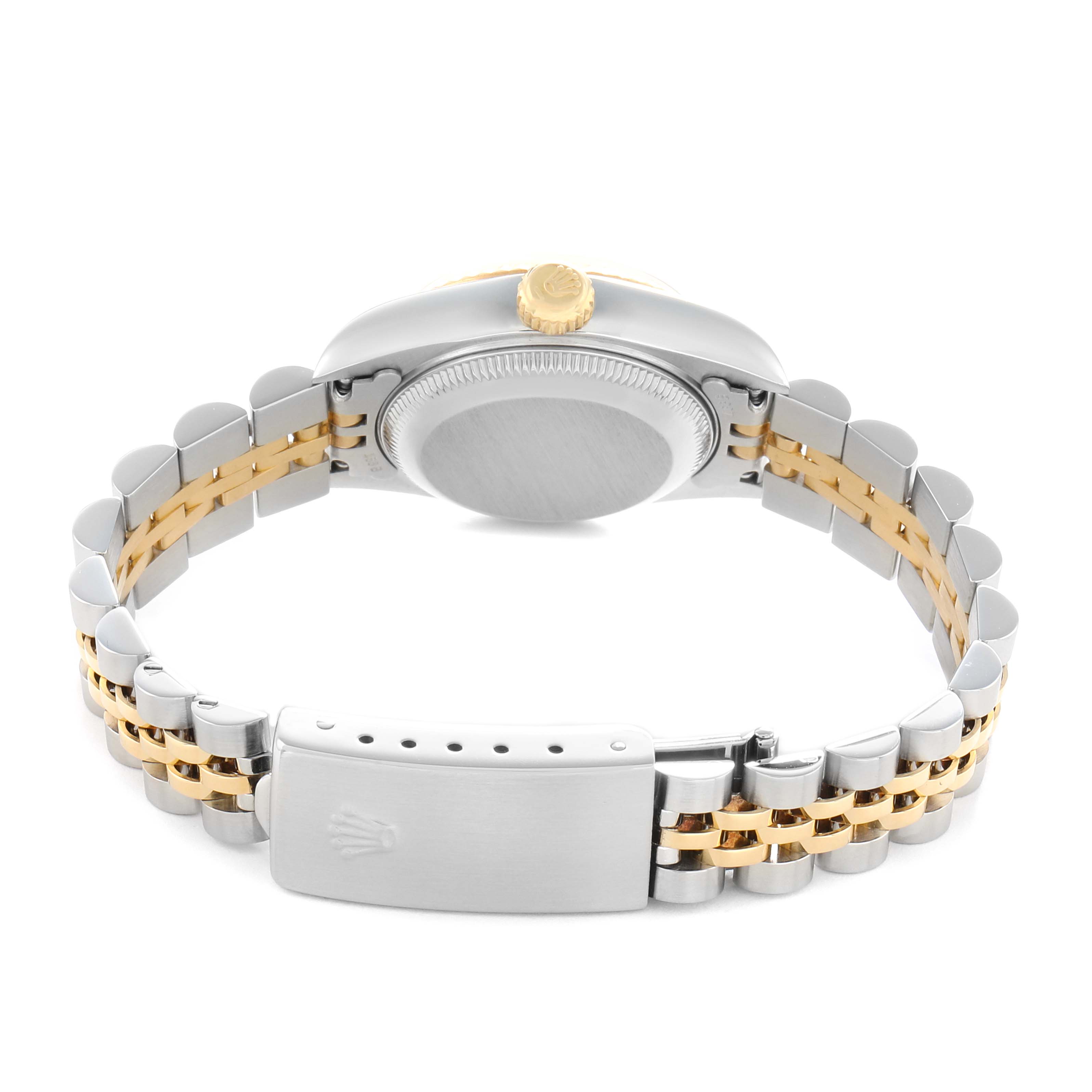The image shows the back of a Rolex Datejust 79173 Women
s Steel and Gold (two tone) Champagne Dial watch, including the case, crown, and Jubilee bracelet with a clasp.