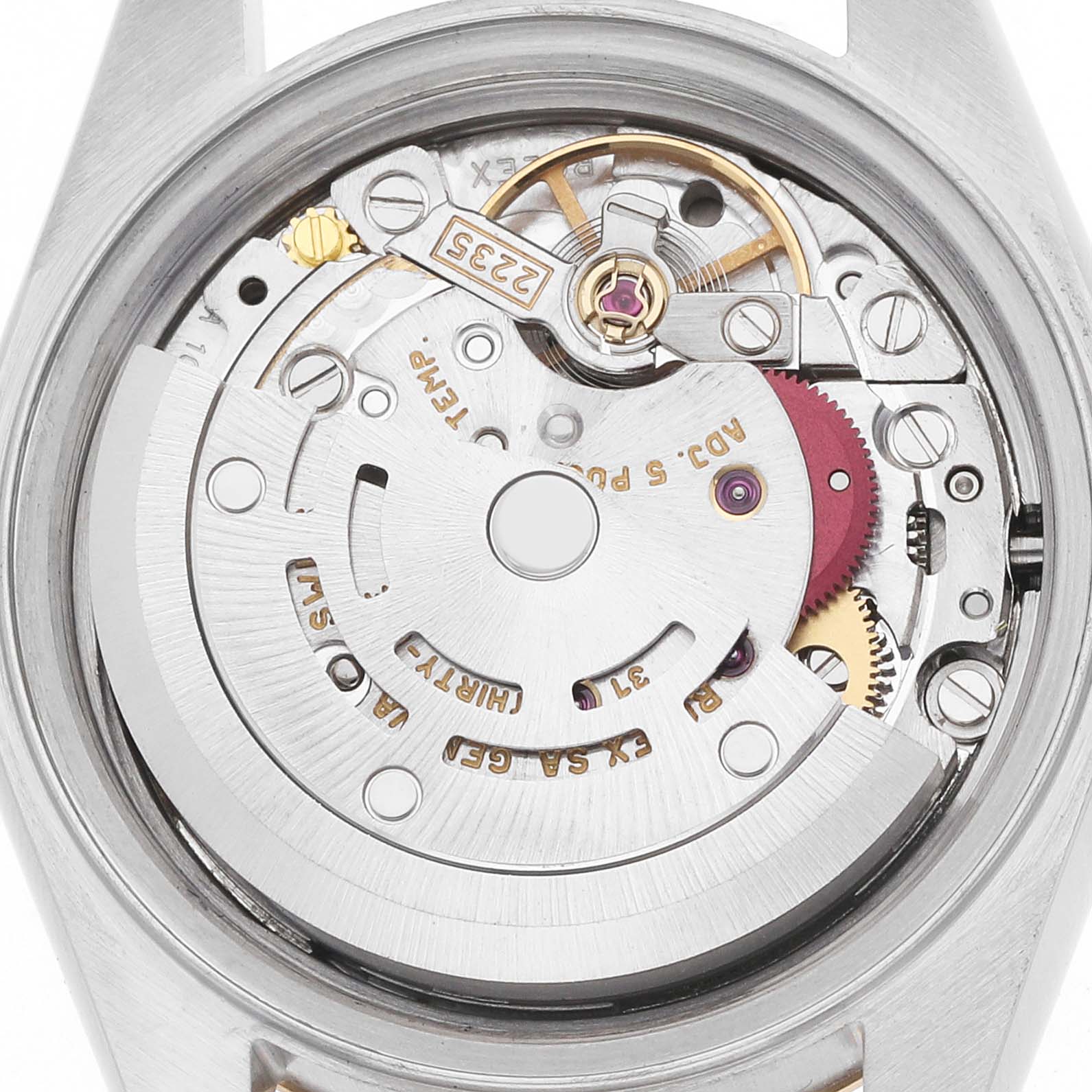 The image shows a close-up, top-down view of the Rolex Datejust 79173 Women
s Steel and Gold (two tone) Champagne Dial
s movement inside the watch case.