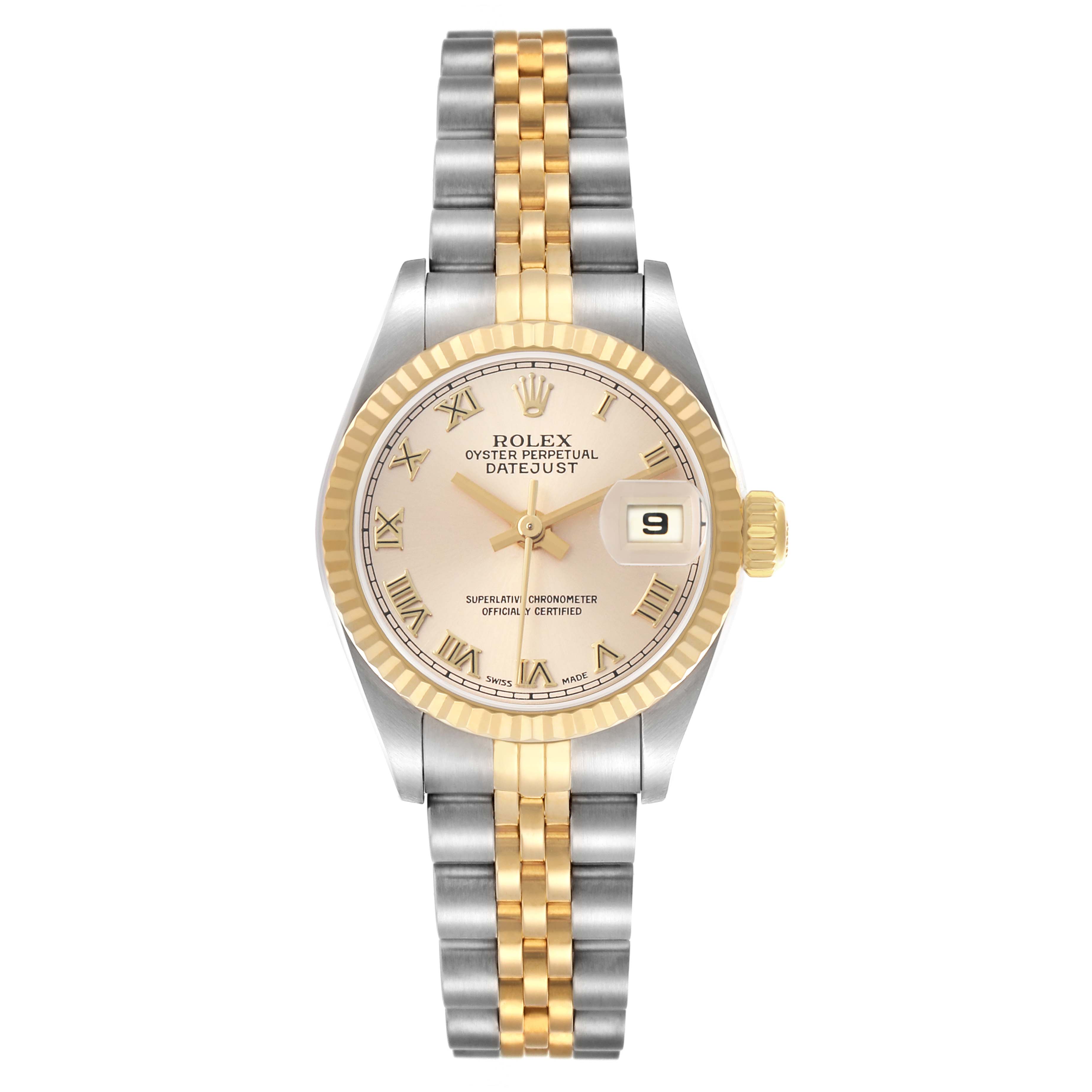 The Rolex Datejust 79173 Women
s Steel and Gold (two tone) Champagne Dial watch is shown from a front angle, displaying the dial, bezel, and two-tone bracelet.