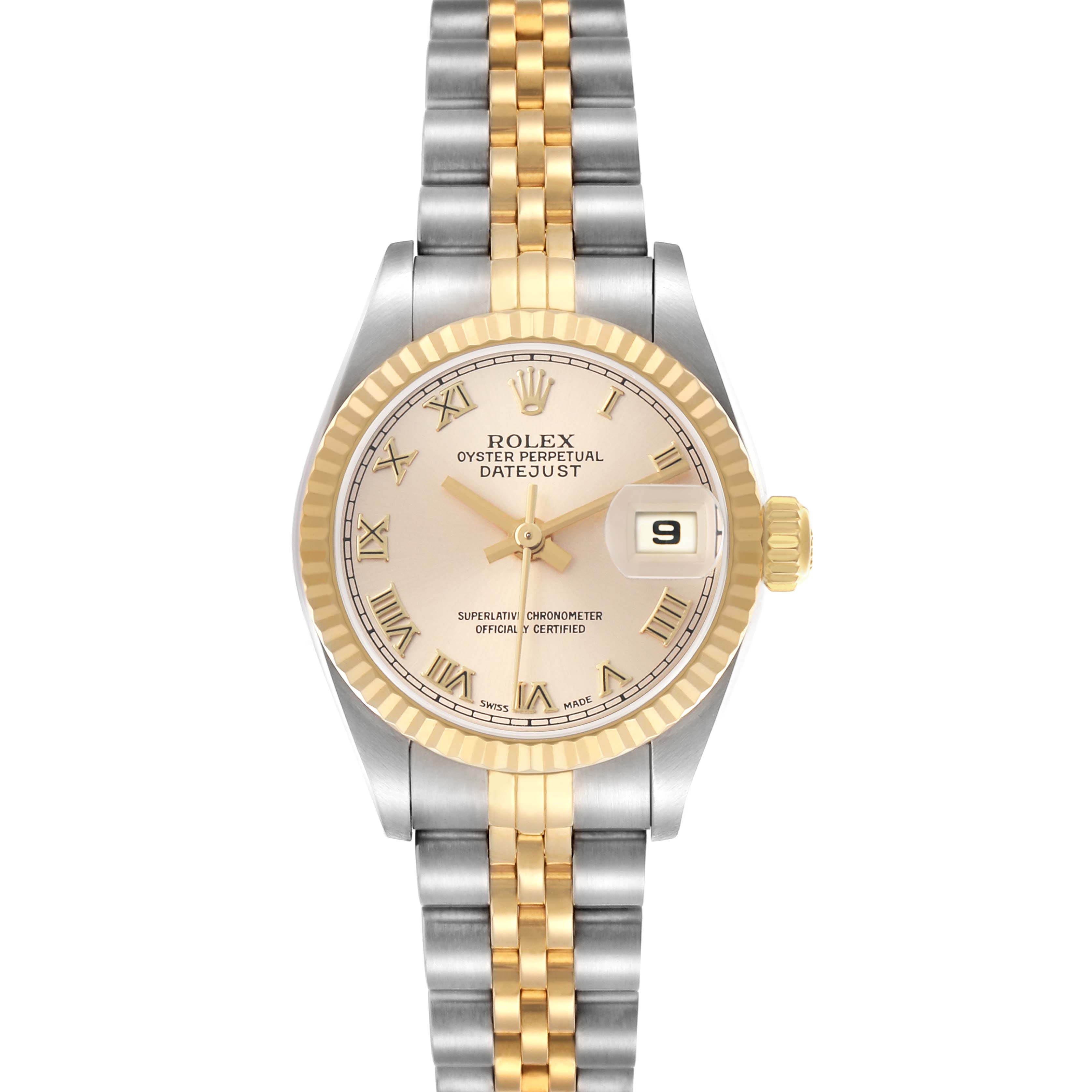 The Rolex Datejust 79173 Women
s Steel and Gold (two tone) Champagne Dial watch is shown from a top-down angle, featuring the dial, bezel, and bracelet.
