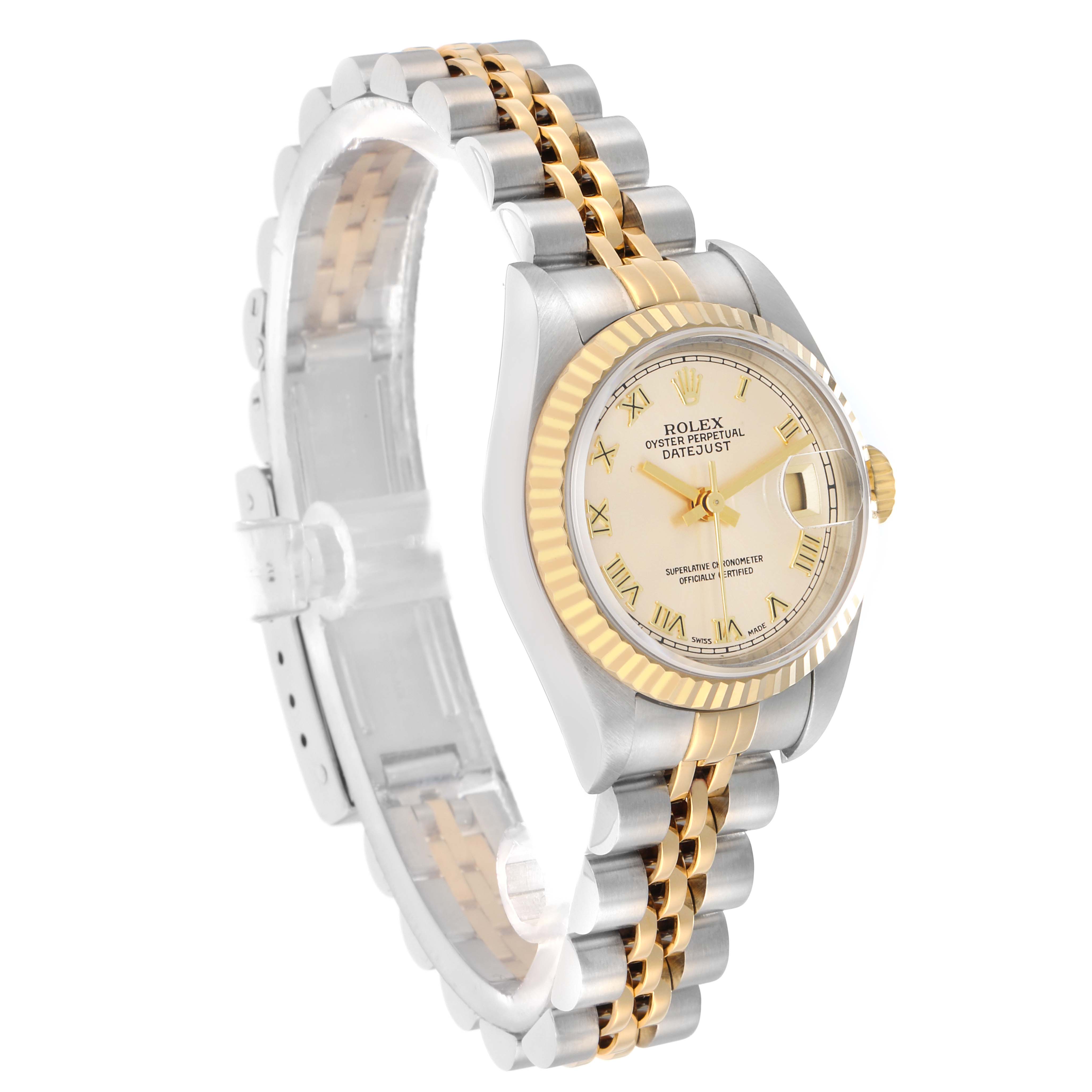 The Rolex Datejust 79173 Women
s Steel and Gold (two tone) Champagne Dial watch is shown at a slight angle, highlighting the face, bezel, and two-tone bracelet.