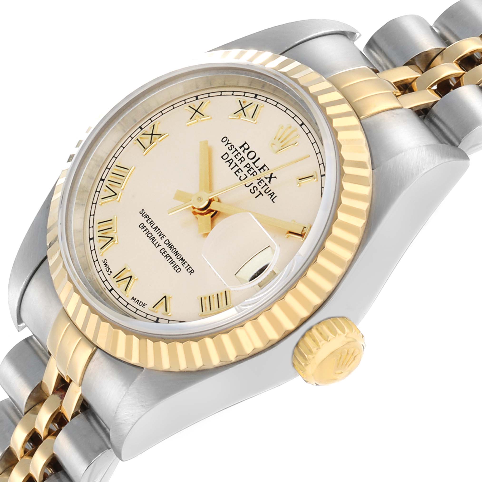 The Rolex Datejust 79173 Women
s Steel and Gold (two tone) Champagne Dial watch is shown at an angle highlighting the dial, bezel, and bracelet.