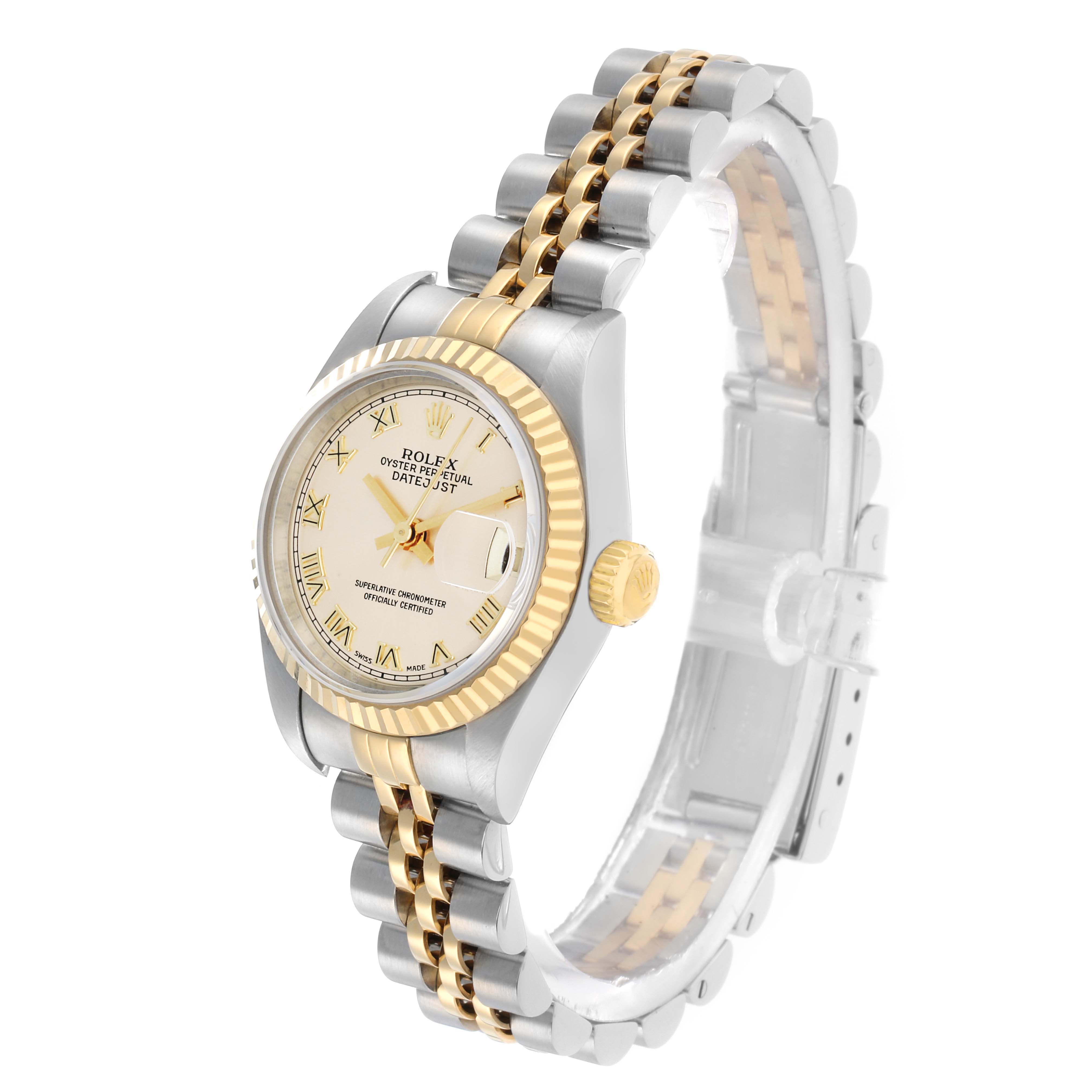 The Rolex Datejust 79173 Women
s Steel and Gold (two tone) Champagne Dial watch is shown at a slight angle, highlighting the two-tone bracelet, fluted bezel, and dial.