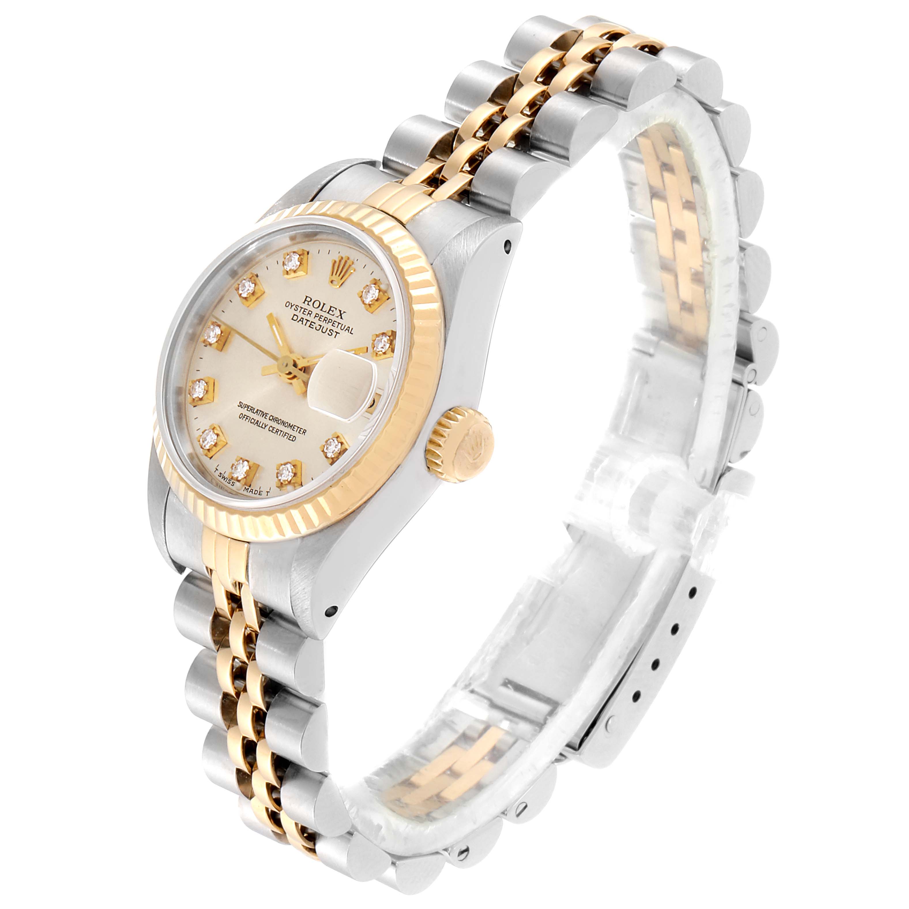 The image shows a Rolex Datejust 69173 Women
s Steel and Gold (two tone) Silver Dial 69173 Women
s Steel and Gold (two tone) Silver Dial watch angled to display the dial, bezel, crown, and bracelet.
