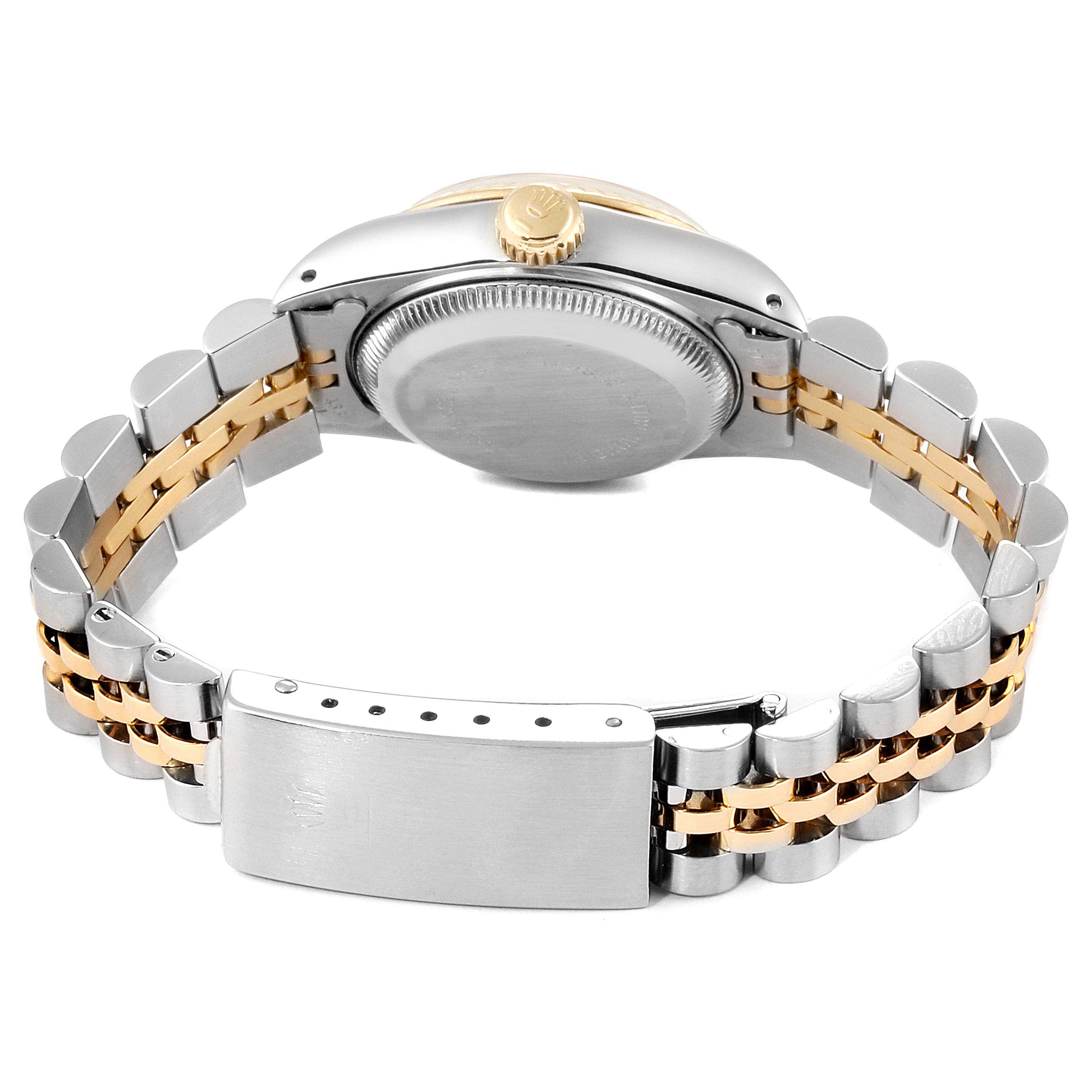 The image shows the back of the Rolex Datejust 69173 Women
s Steel and Gold (two tone) Silver Dial 69173 Women
s Steel and Gold (two tone) Silver Dial watch, focusing on the case back, bracelet, and clasp.