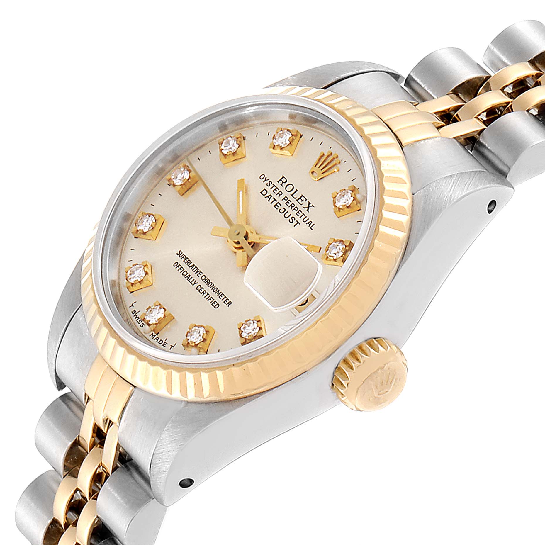 The image shows a Rolex Datejust 69173 Women
s Steel and Gold (two tone) Silver Dial 69173 Women
s Steel and Gold (two tone) Silver Dial watch at an angle highlighting the dial, bezel, crown, and part of the bracelet.