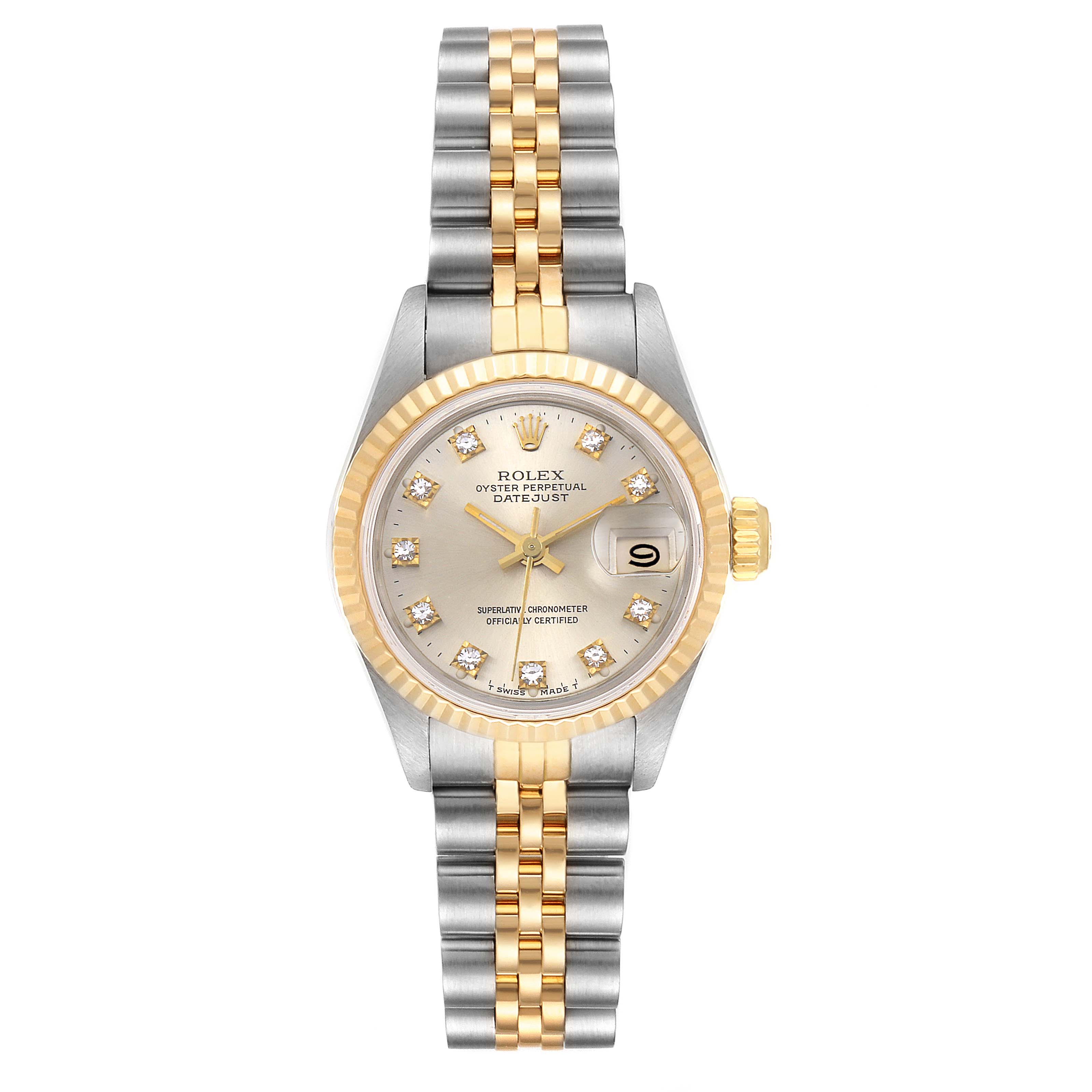The Rolex Datejust 69173 Women
s Steel and Gold (two tone) Silver Dial 69173 Women
s Steel and Gold (two tone) Silver Dial model is shown from the front, displaying its face, dial, bezel, and two-tone bracelet.