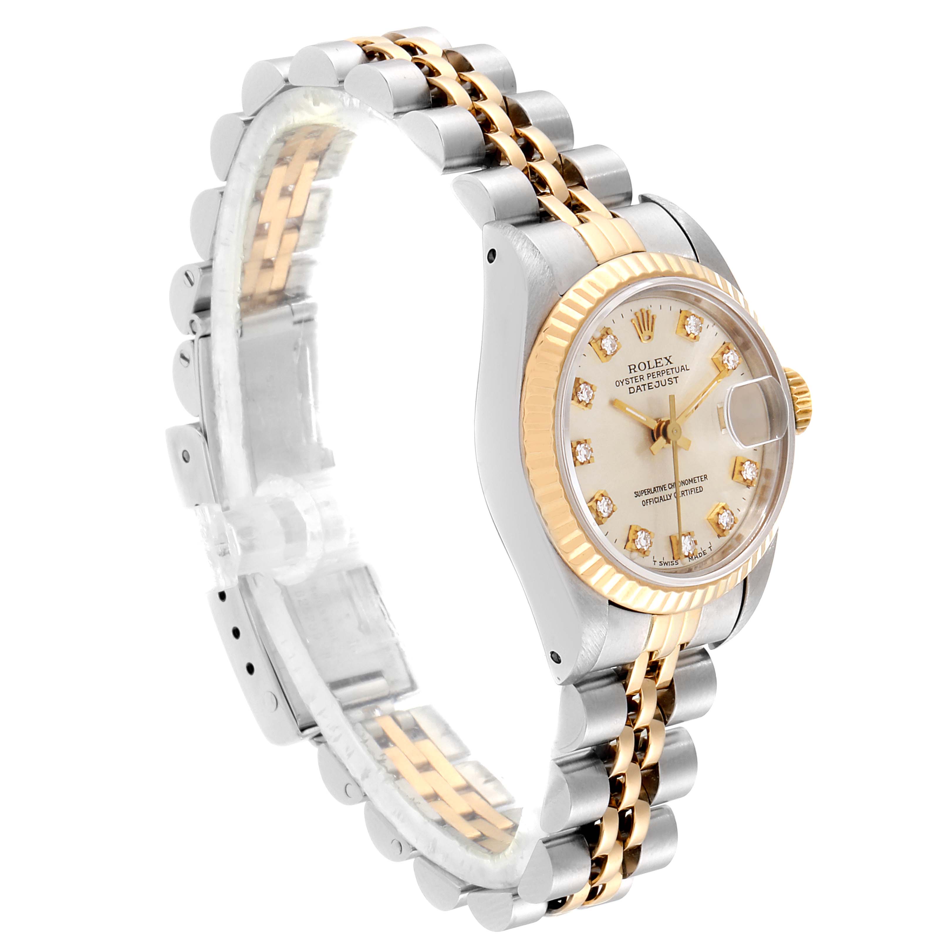 The image shows a Rolex Datejust 69173 Women
s Steel and Gold (two tone) Silver Dial 69173 Women
s Steel and Gold (two tone) Silver Dial watch at a three-quarter angle highlighting the dial, bezel, case, and bracelet.
