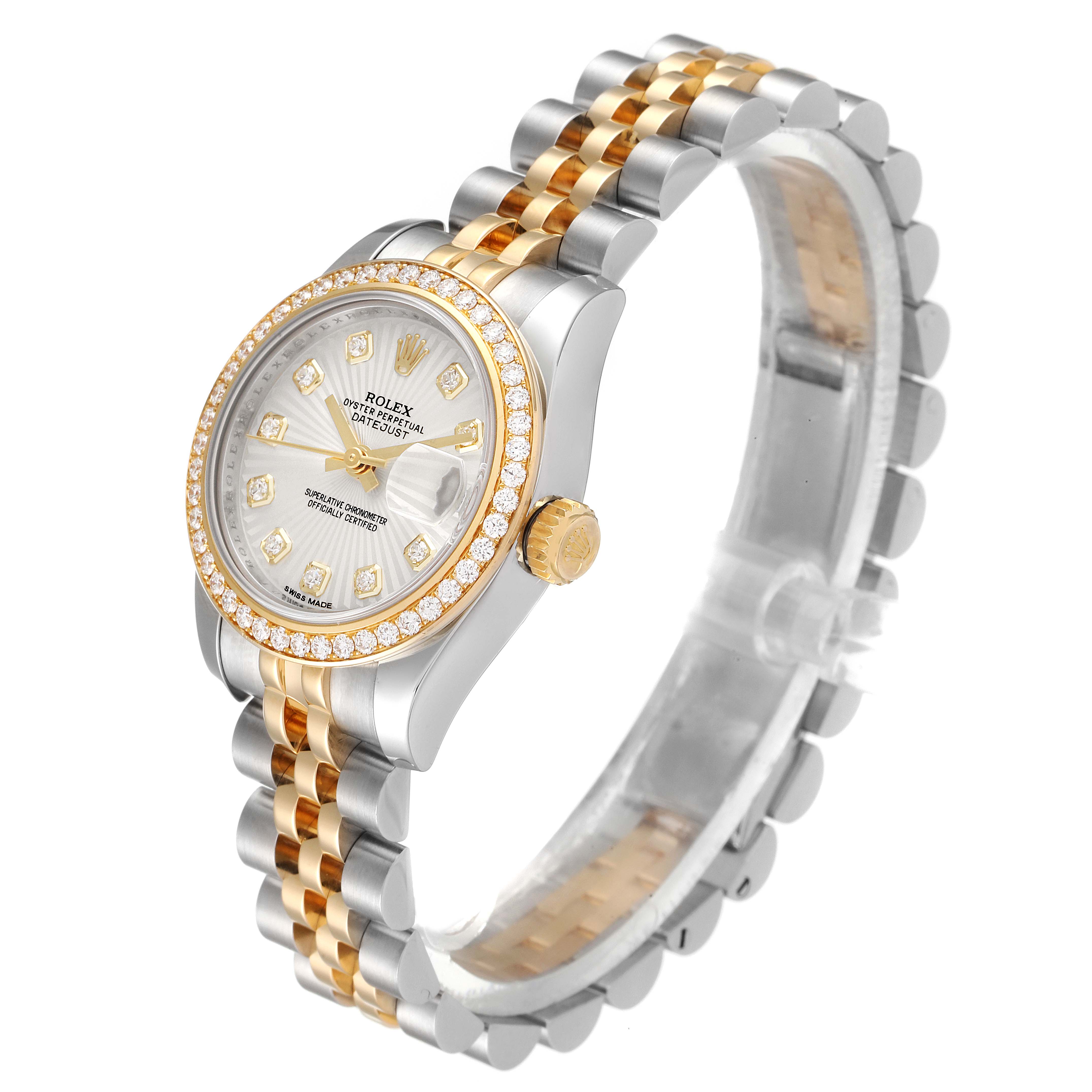 This image shows a Rolex Datejust 179383 Women
s Steel and Gold (two tone) Silver Dial 179383 Women
s Steel and Gold (two tone) Silver Dial watch at a three-quarter angle, displaying its face, bezel, crown, and Jubilee bracelet.