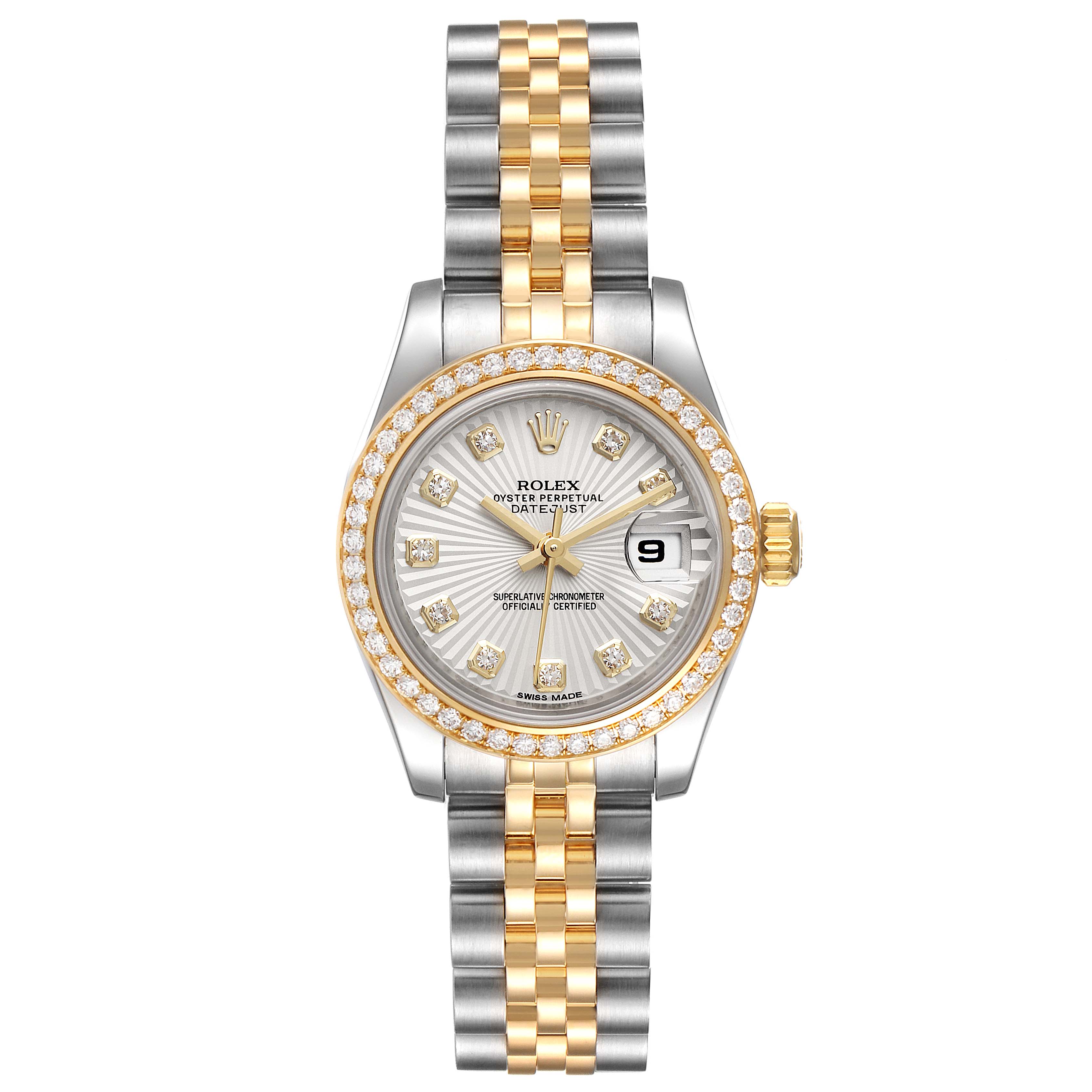 The Rolex Datejust 179383 Women
s Steel and Gold (two tone) Silver Dial 179383 Women
s Steel and Gold (two tone) Silver Dial watch is shown from a top-down angle, displaying its face, bezel, and bracelet.