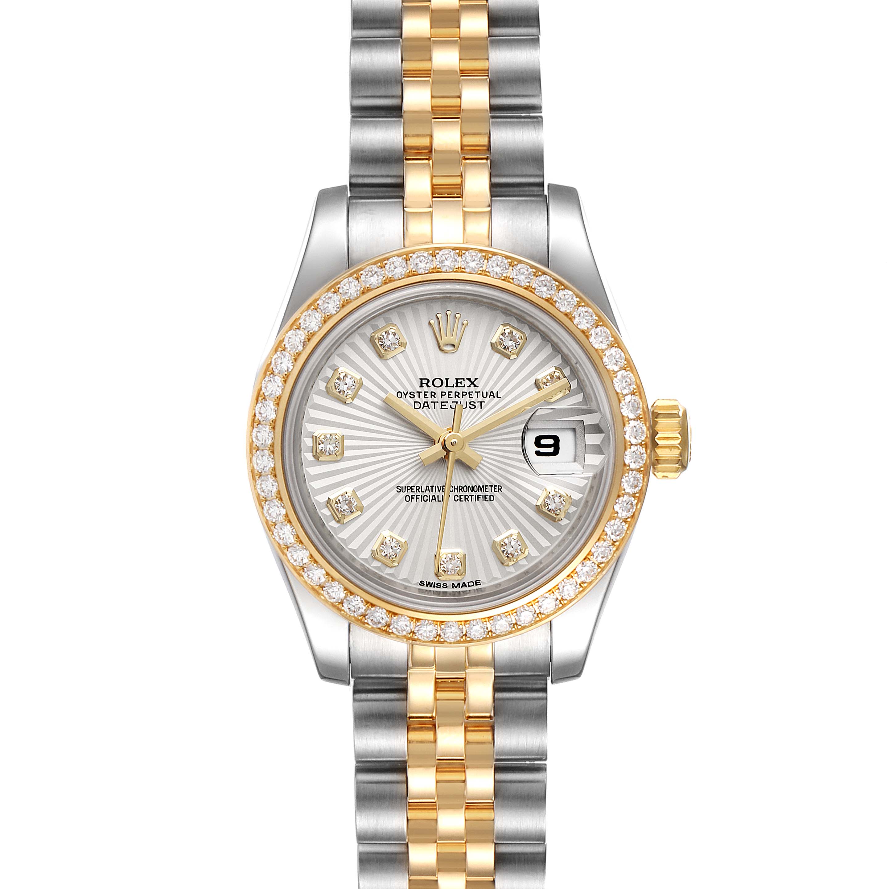 The Rolex Datejust 179383 Women
s Steel and Gold (two tone) Silver Dial 179383 Women
s Steel and Gold (two tone) Silver Dial watch is shown from the front, displaying the dial, bezel, and bracelet.