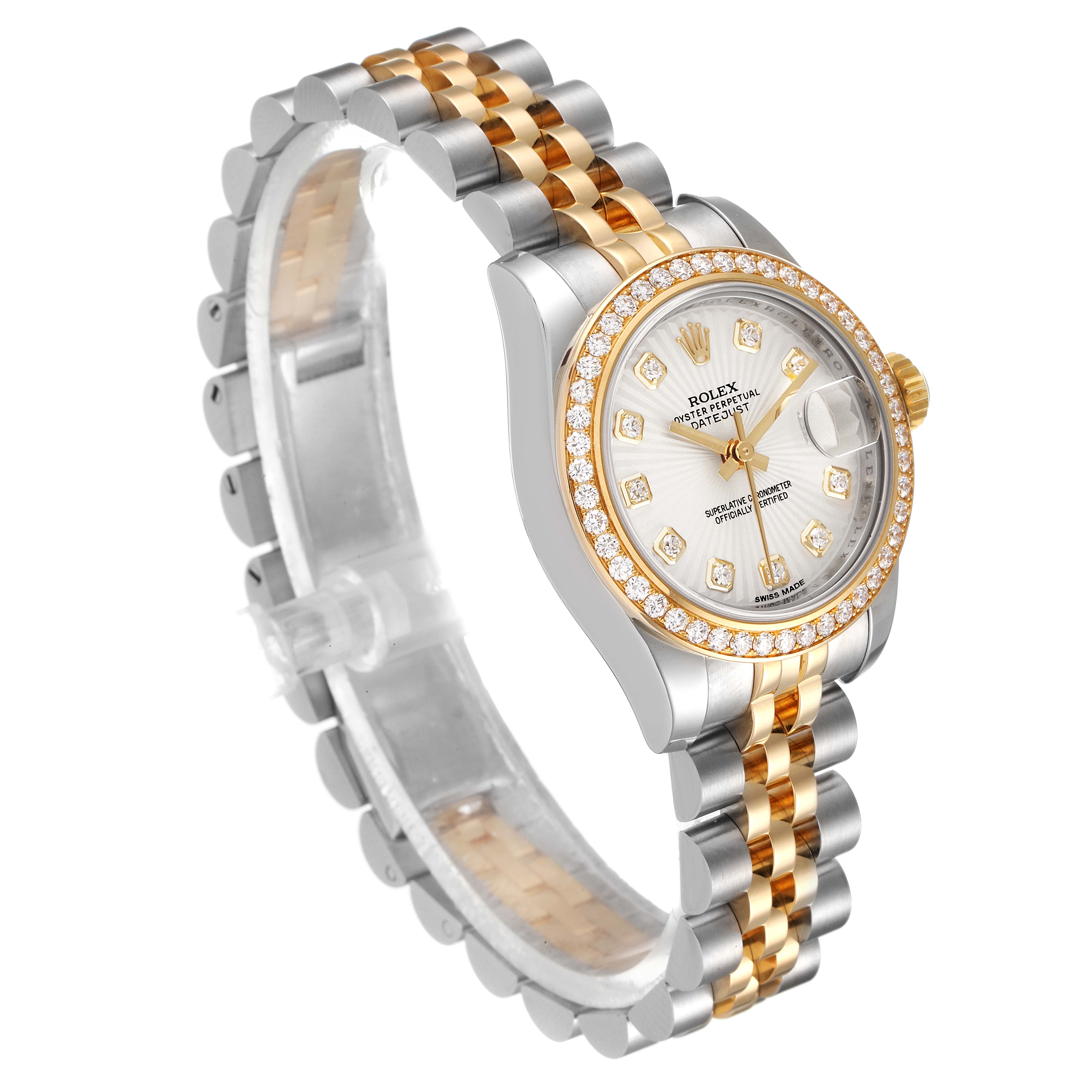 This image shows a Rolex Datejust 179383 Women
s Steel and Gold (two tone) Silver Dial 179383 Women
s Steel and Gold (two tone) Silver Dial watch angled slightly to the right, highlighting its two-tone bracelet, diamond bezel, and face.
