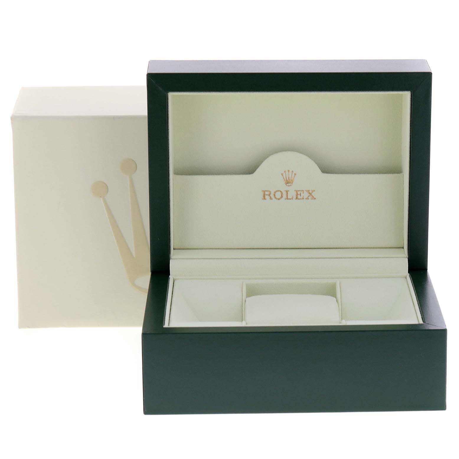 This image shows an open Rolex Datejust 179383 Women
s Steel and Gold (two tone) Silver Dial 179383 Women
s Steel and Gold (two tone) Silver Dial watch box, displaying its interior compartments and logo.