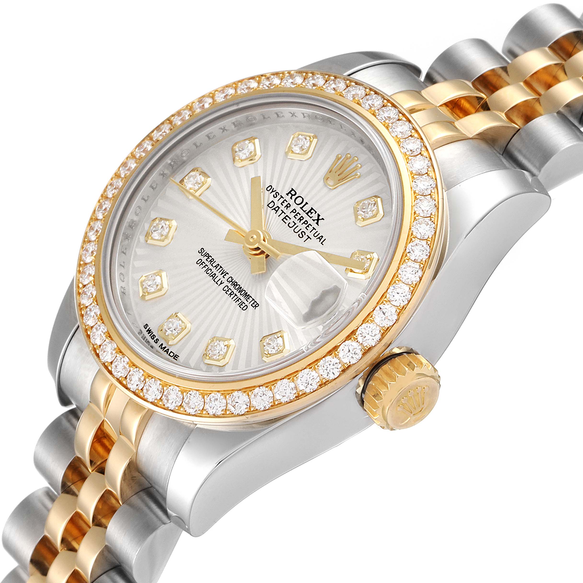 The image shows a Rolex Datejust 179383 Women
s Steel and Gold (two tone) Silver Dial 179383 Women
s Steel and Gold (two tone) Silver Dial watch at an angle highlighting the bezel, dial, crown, and bracelet.