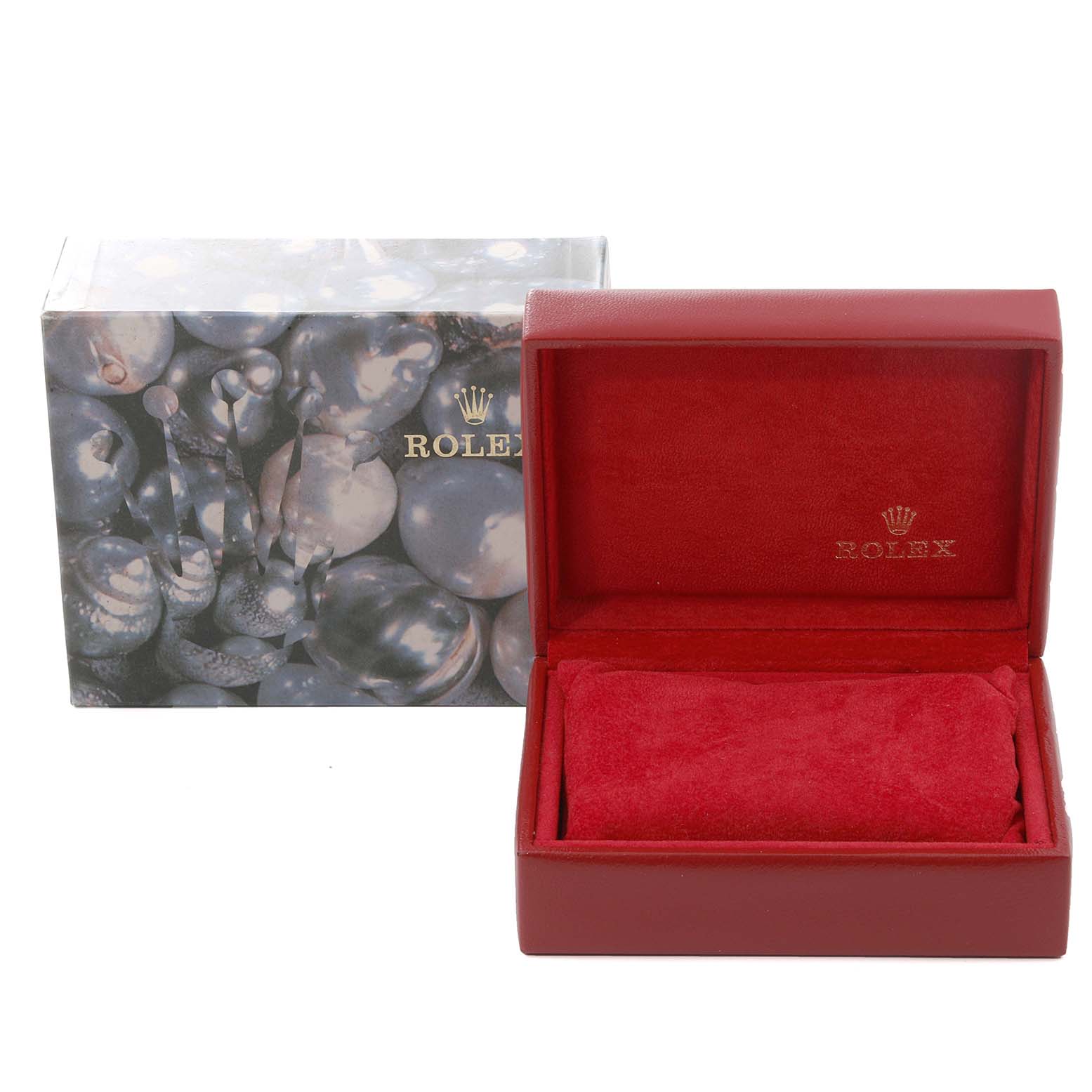 The image shows a Rolex Datejust 69173 Women's Steel and Gold (two tone) Champagne Dial 69173 Women's Steel and Gold (two tone) Champagne Dial watch's packaging, including an open red box and an outer decorative cover.