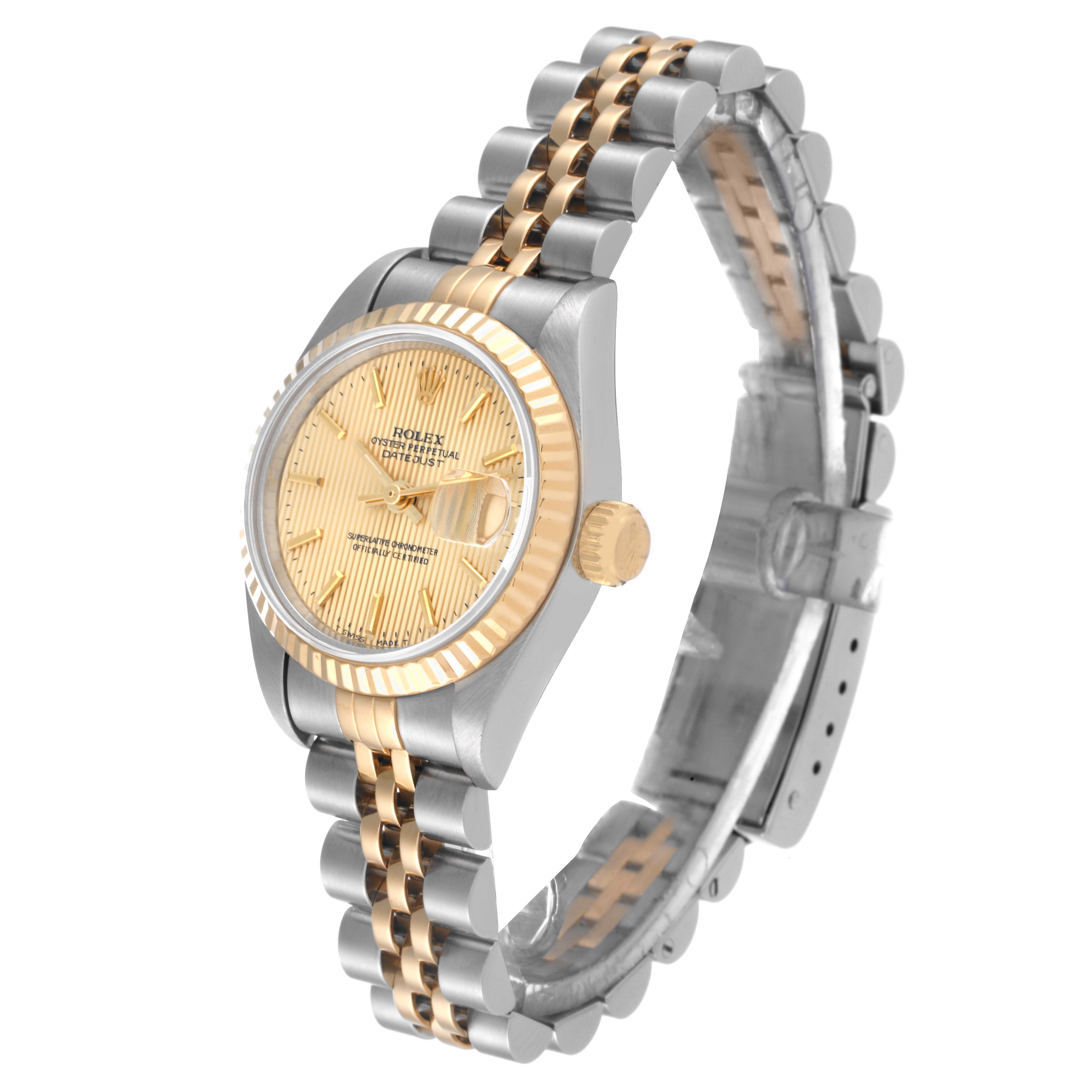 The Rolex Datejust 69173 Women's Steel and Gold (two tone) Champagne Dial 69173 Women's Steel and Gold (two tone) Champagne Dial watch is shown at a three-quarter angle, displaying its face, crown, and Jubilee bracelet.