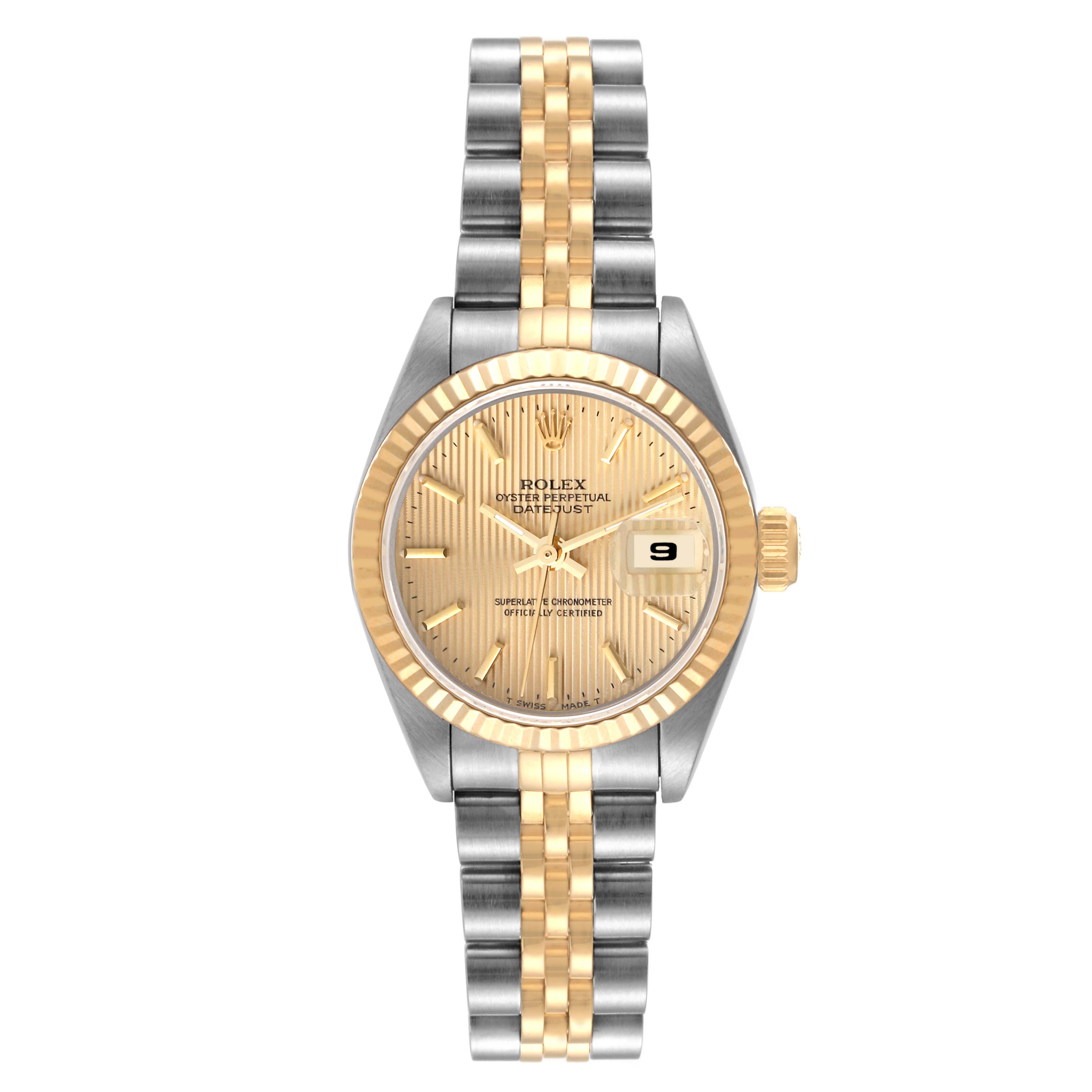 This Rolex Datejust 69173 Women's Steel and Gold (two tone) Champagne Dial 69173 Women's Steel and Gold (two tone) Champagne Dial watch is shown from a front angle, highlighting its face, fluted bezel, and two-tone Jubilee bracelet.